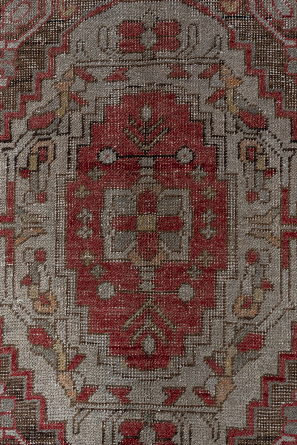 5' x 8' one-of-a-kind handmade vintage Oushak medium size rug. Color palette: red, ivory, taupe, rose, brown, sage, beige