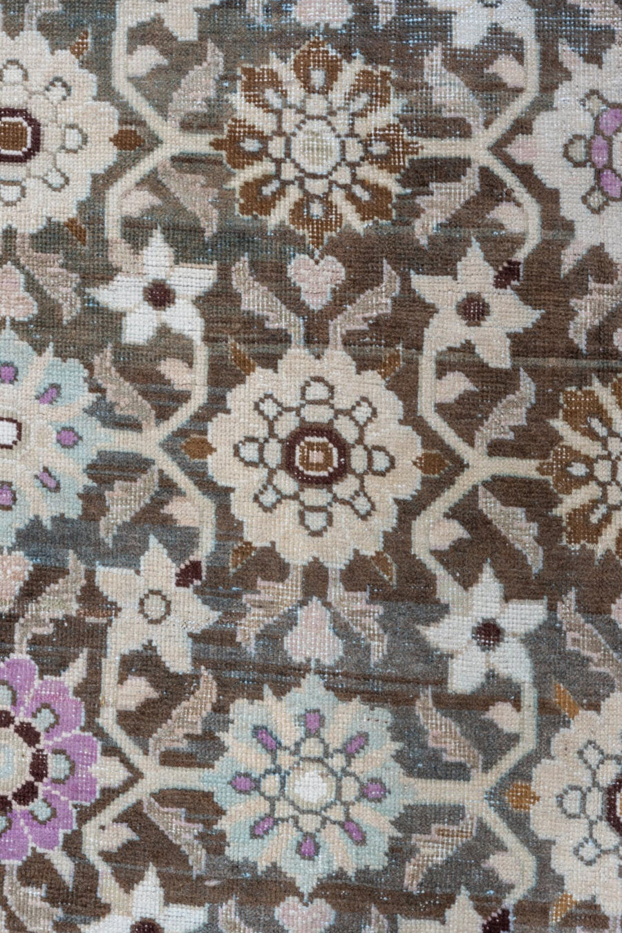 3' x 18' one-of-a-kind handmade vintage Karabagh runner rug. Color palette: ivory, brown, taupe, rose, lavender, gold, beige