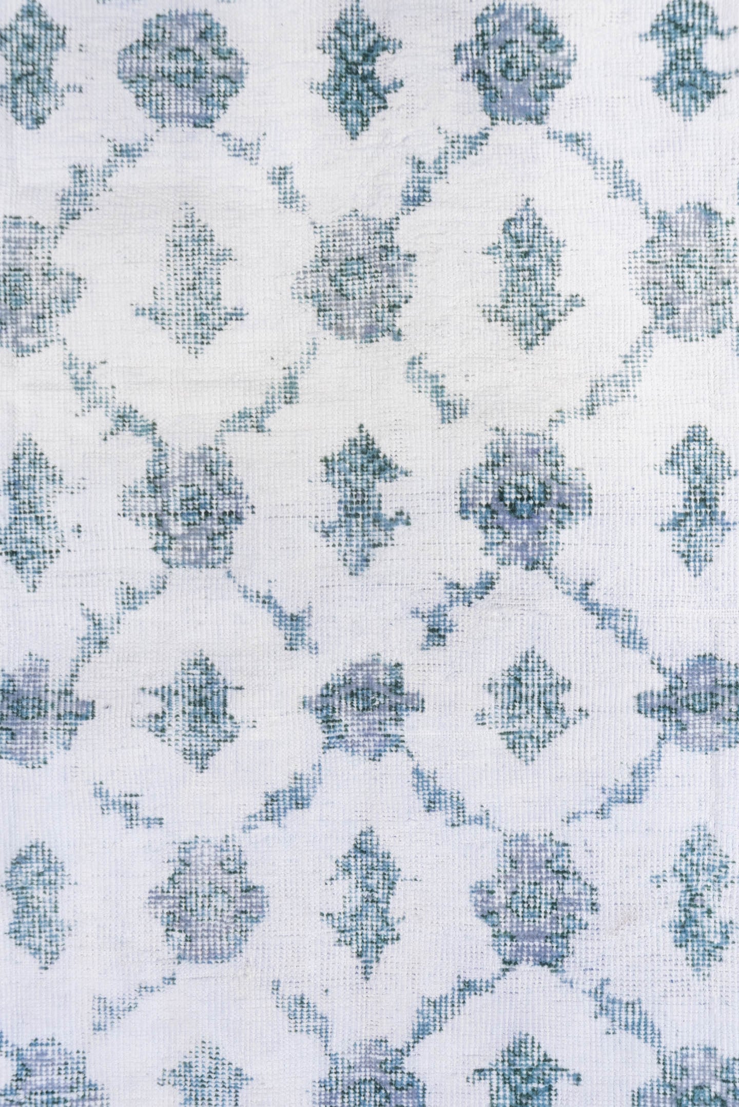 3' x 6' one-of-a-kind handmade vintage Oushak runner rug. Color palette: ivory, sky blue, slate, pale blue, light blue, gray