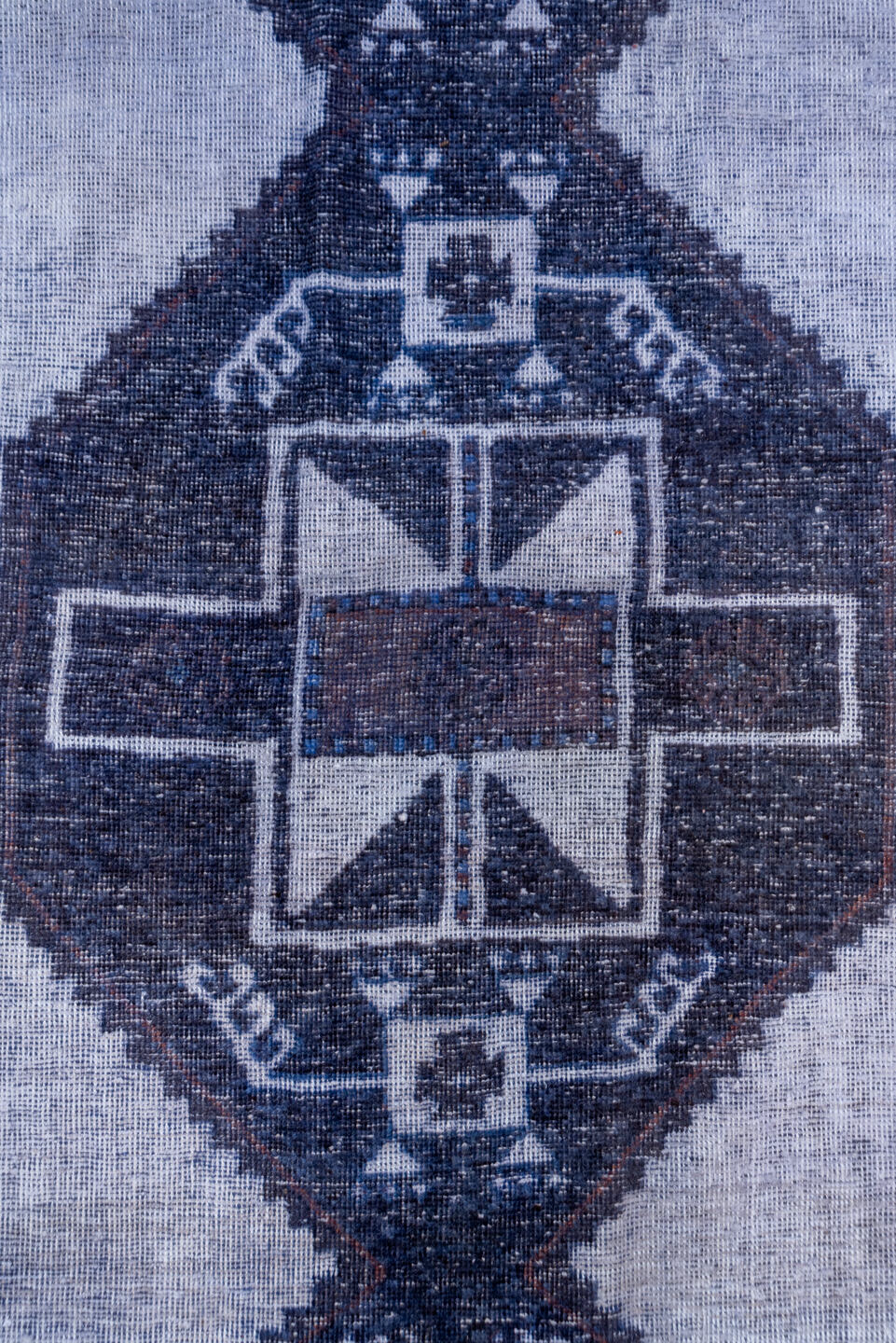 3' x 12' one-of-a-kind handmade vintage Oushak runner rug. Color palette: blue, gray, light blue, light gray, off-white