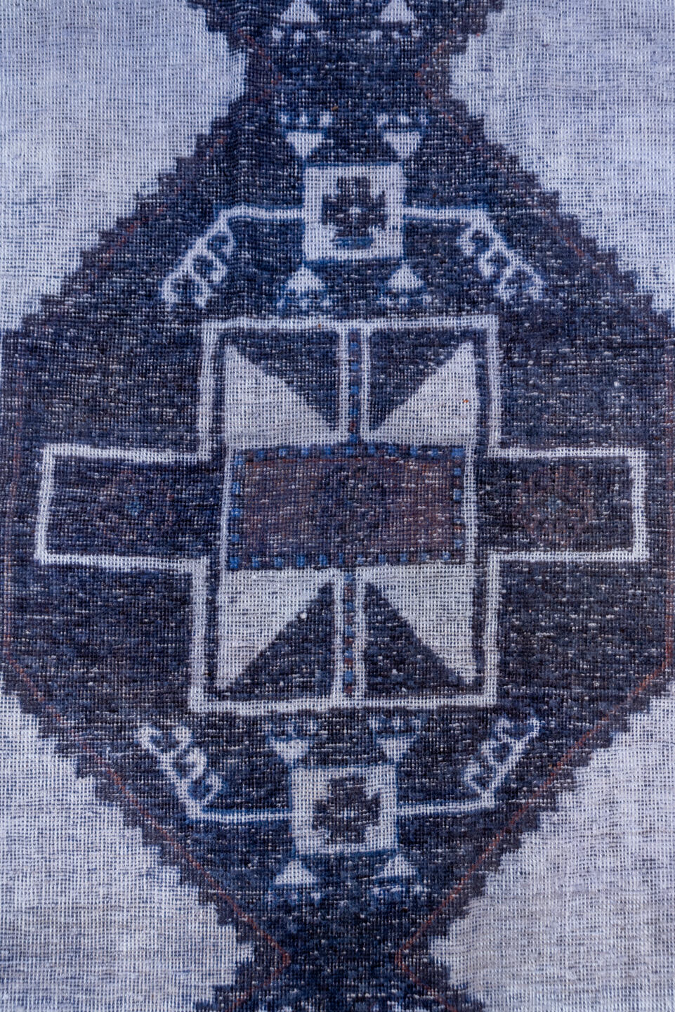 3' x 12' one-of-a-kind handmade vintage Oushak runner rug. Color palette: blue, gray, light blue, light gray, off-white