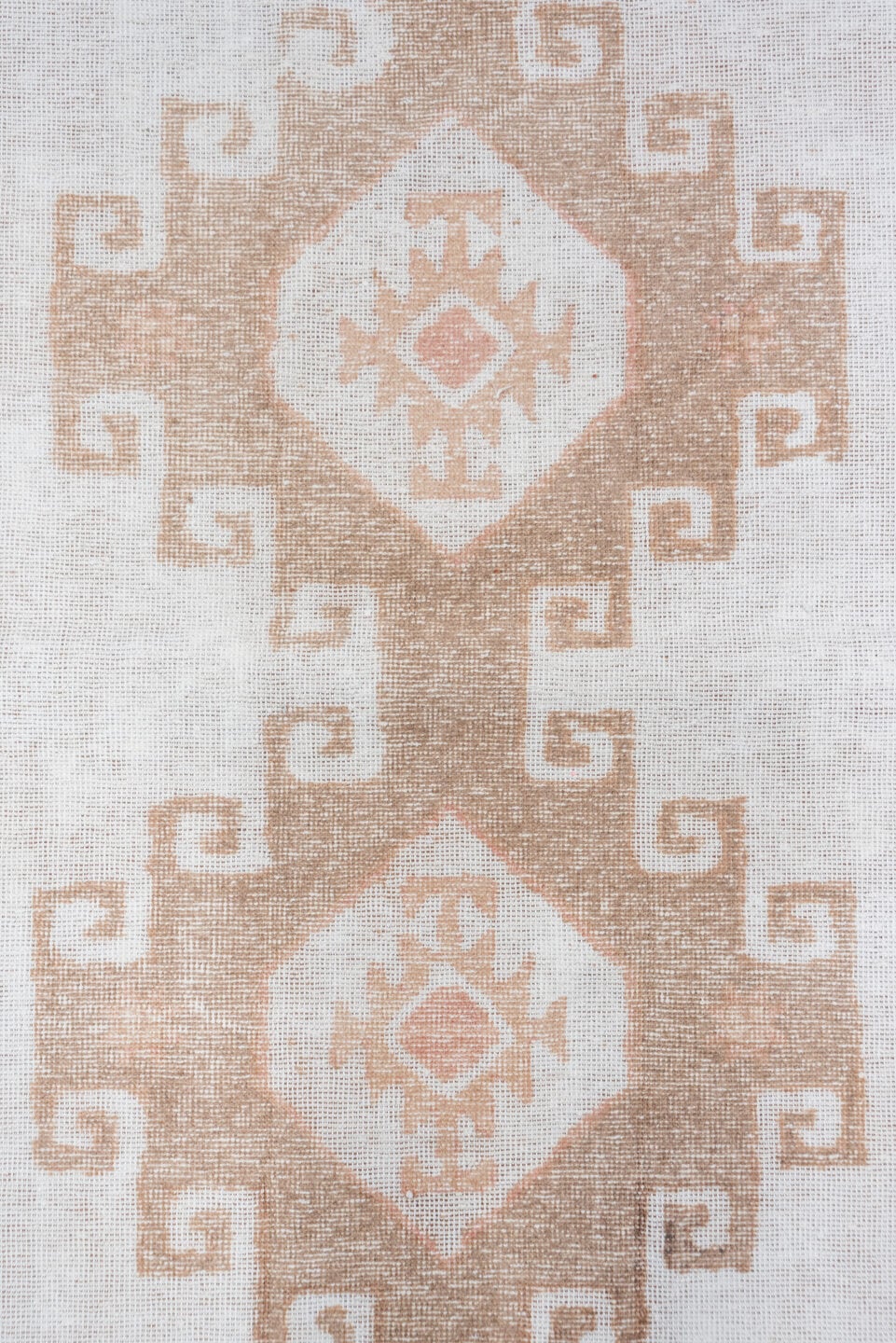 2' x 12' one-of-a-kind handmade vintage Oushak runner rug. Color palette: ivory, taupe, blush, beige, gray, pink
