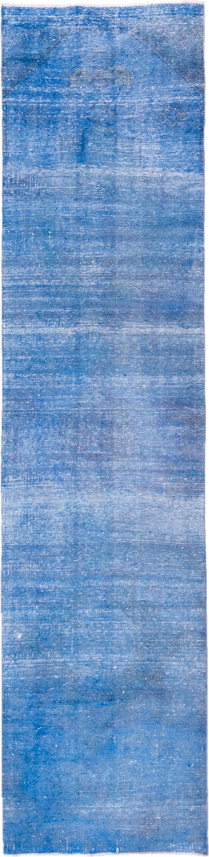 3' x 12' one-of-a-kind handmade vintage Overdyed runner rug. Color palette: cobalt, sky blue, slate, ivory, blue, light blue