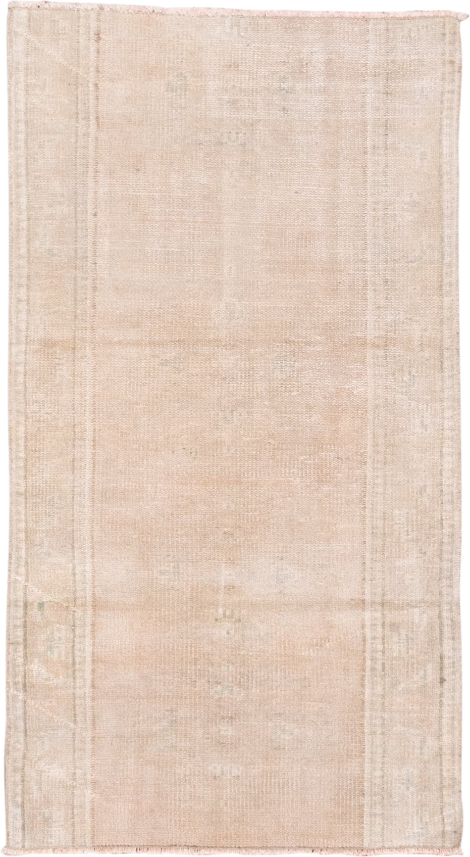 2' x 5' one-of-a-kind handmade vintage Oushak small size rug. Color palette: blush, ivory, cream, taupe, sage, pink, beige