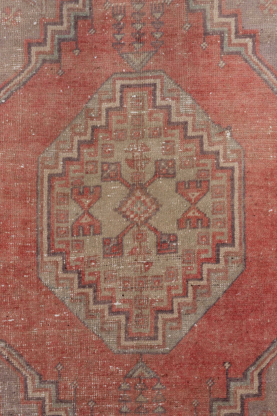 3' x 6' one-of-a-kind handmade vintage Oushak small size rug. Color palette: terra cotta, taupe, ivory, rose, rust, brown