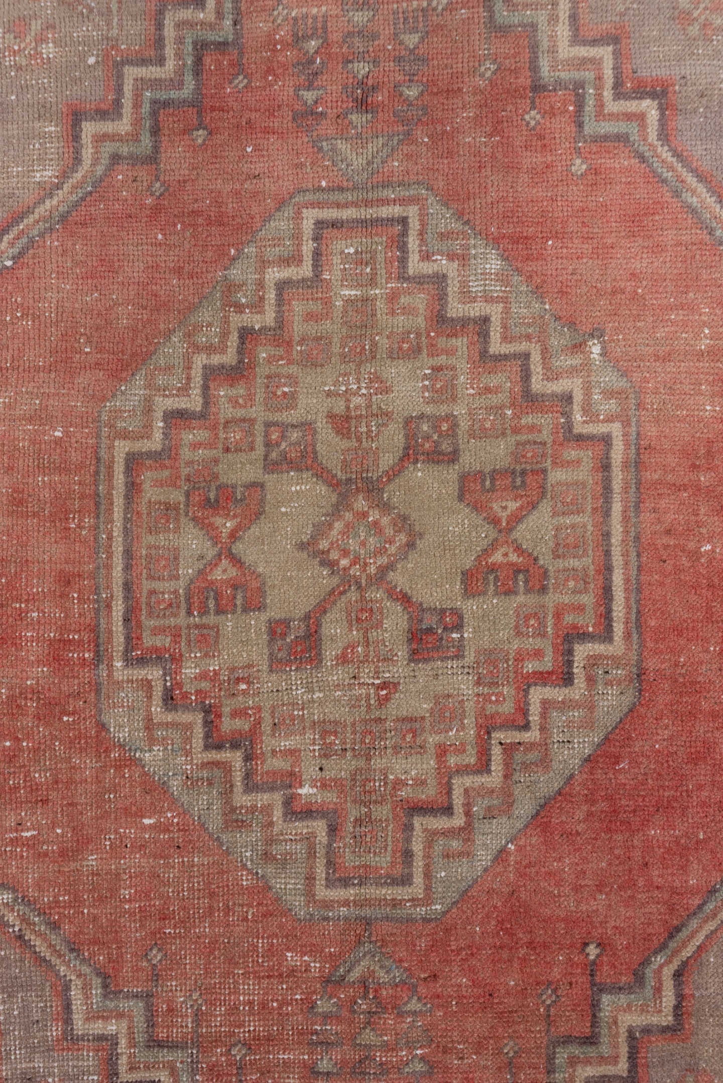 3' x 6' one-of-a-kind handmade vintage Oushak small size rug. Color palette: terra cotta, taupe, ivory, rose, rust, brown