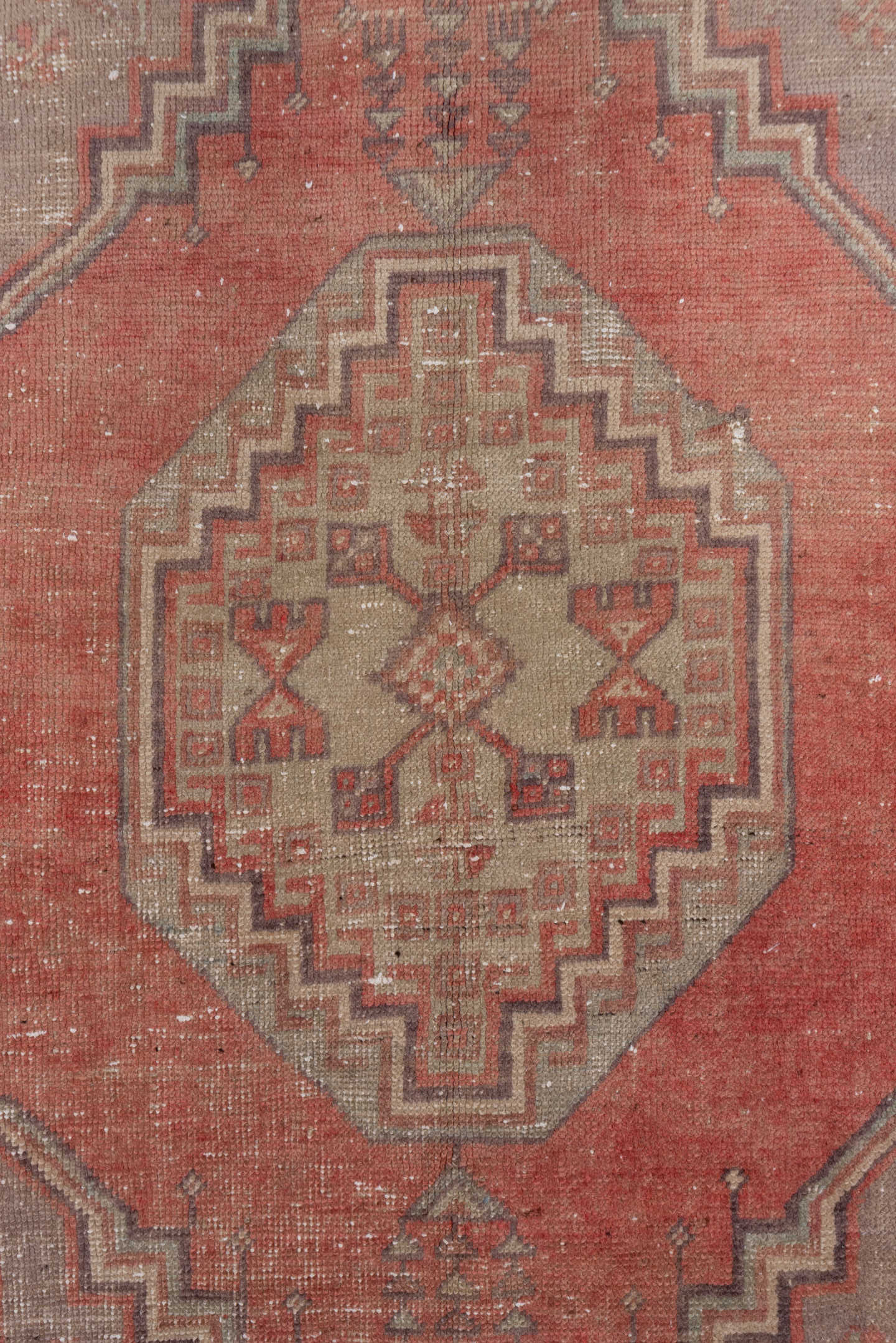 3' x 6' one-of-a-kind handmade vintage Oushak small size rug. Color palette: terra cotta, taupe, ivory, rose, rust, brown