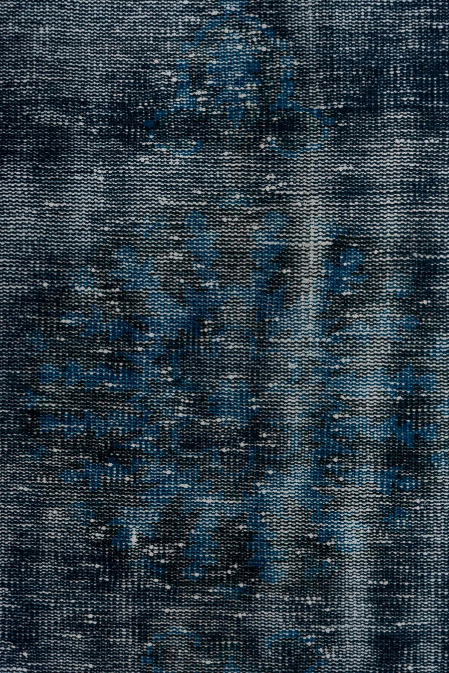 3' x 6' one-of-a-kind handmade vintage Overdyed small size rug. Color palette: blue, charcoal, slate, ivory, gray, black