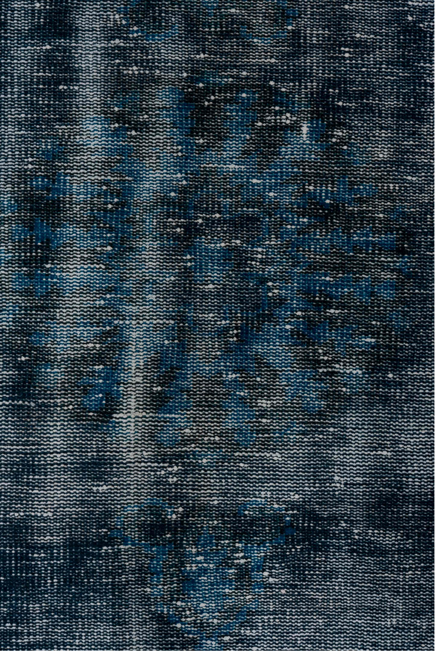 3' x 6' one-of-a-kind handmade vintage Overdyed small size rug. Color palette: arapawa, blue, gray, light blue, light gray