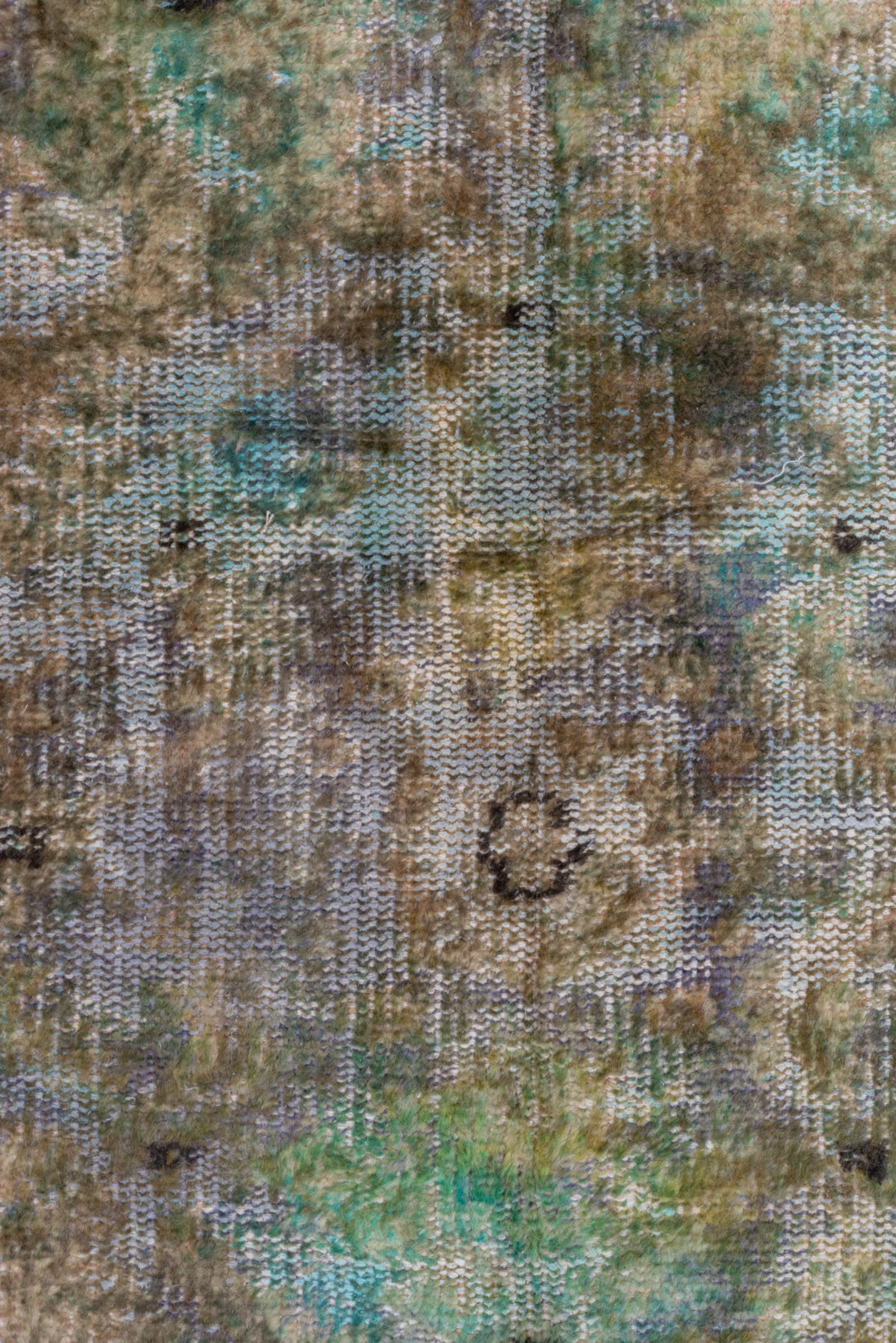 5' x 9' one-of-a-kind handmade vintage Overdyed medium size rug. Color palette: taupe, brown, aqua, sage, ivory, olive