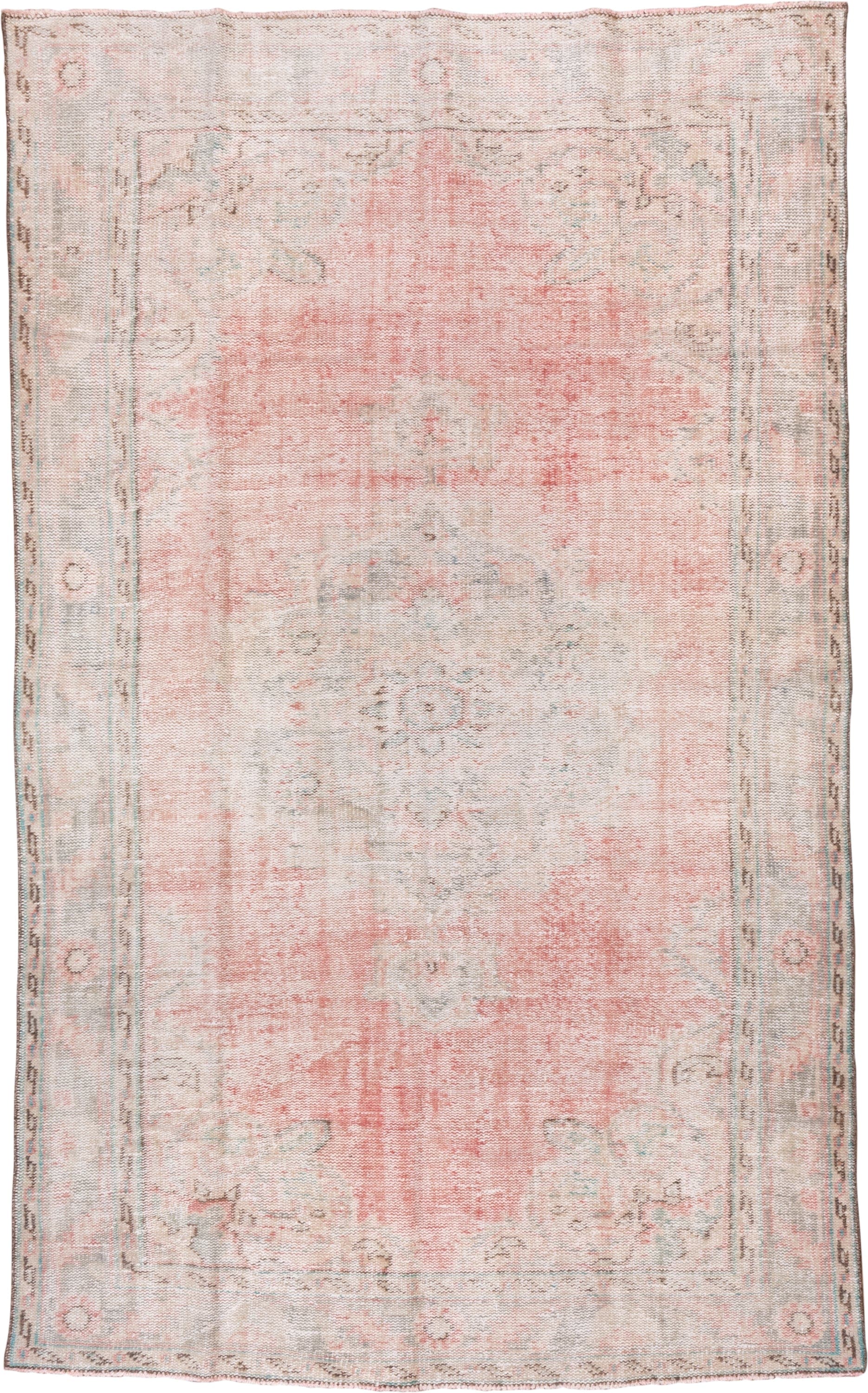6' x 9' one-of-a-kind handmade vintage Oushak medium size rug. Color palette: blush, ivory, taupe, pale blue, sage, rose