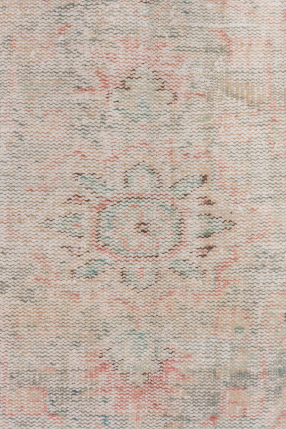 6' x 9' one-of-a-kind handmade vintage Oushak medium size rug. Color palette: blush, ivory, taupe, pale blue, sage, rose
