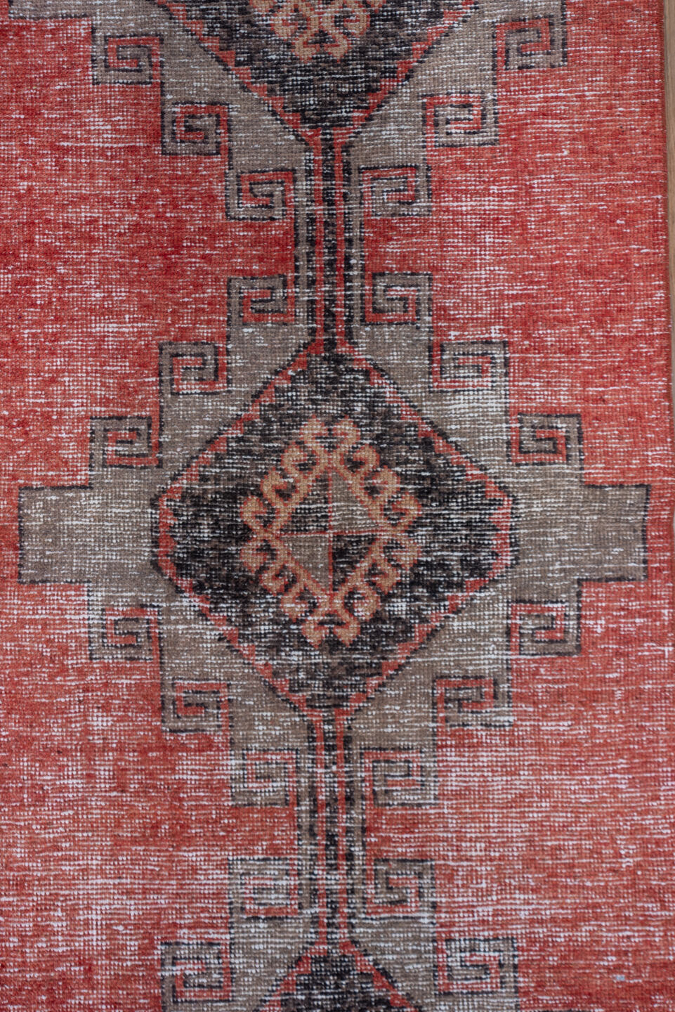 3' x 13' one-of-a-kind handmade vintage Oushak runner rug. Color palette: coral, charcoal, taupe, rose, ivory, terracotta