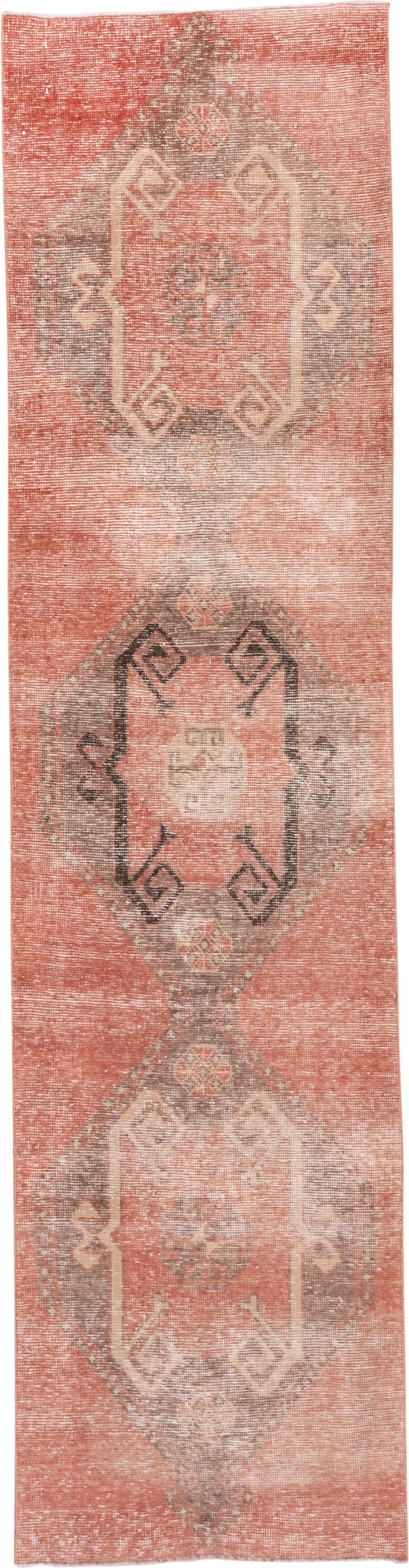 2' x 10' one-of-a-kind handmade vintage Oushak runner rug. Color palette: coral, taupe, ivory, charcoal, rose, terracotta