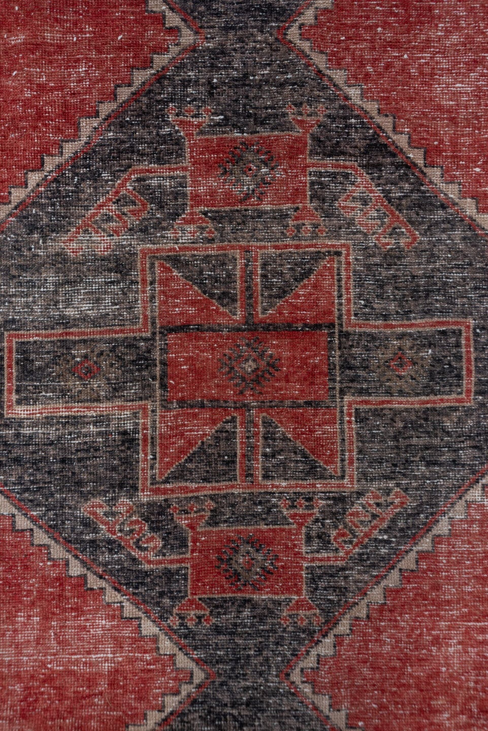3' x 12' one-of-a-kind handmade vintage Oushak runner rug. Color palette: rust, charcoal, ivory, terra cotta, taupe