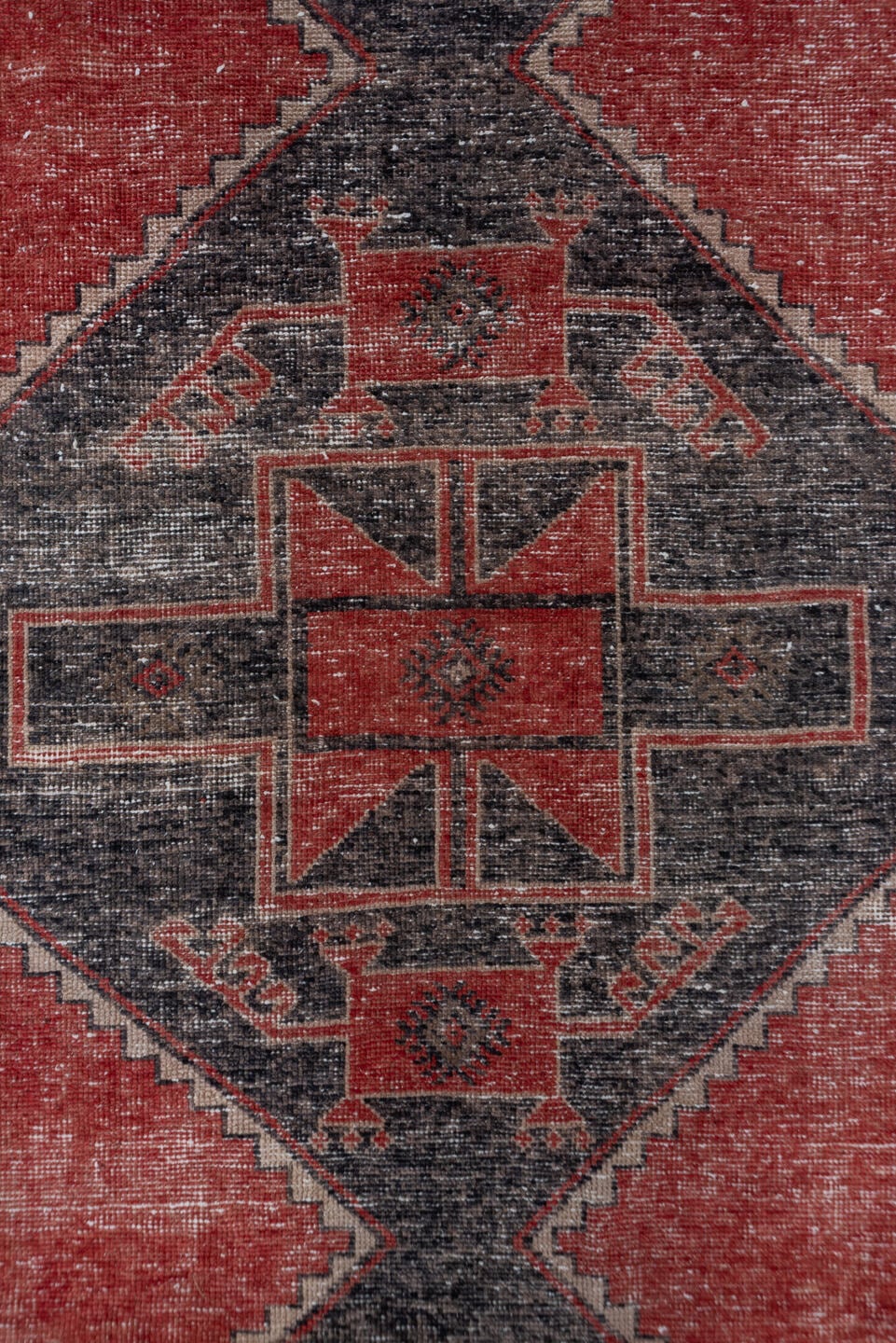 3' x 12' one-of-a-kind handmade vintage Oushak runner rug. Color palette: rust, charcoal, ivory, terra cotta, taupe