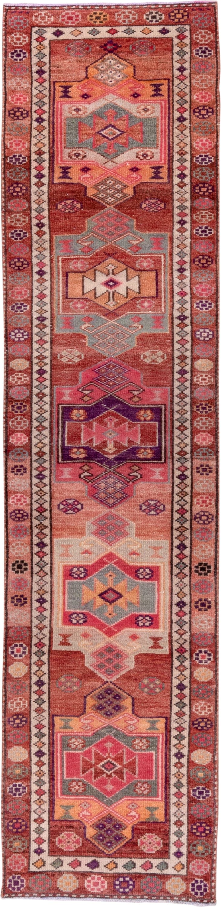 2' x 10' one-of-a-kind handmade vintage Oushak runner rug. Color palette: rose, rust, peach, ivory, plum, terra cotta, sage