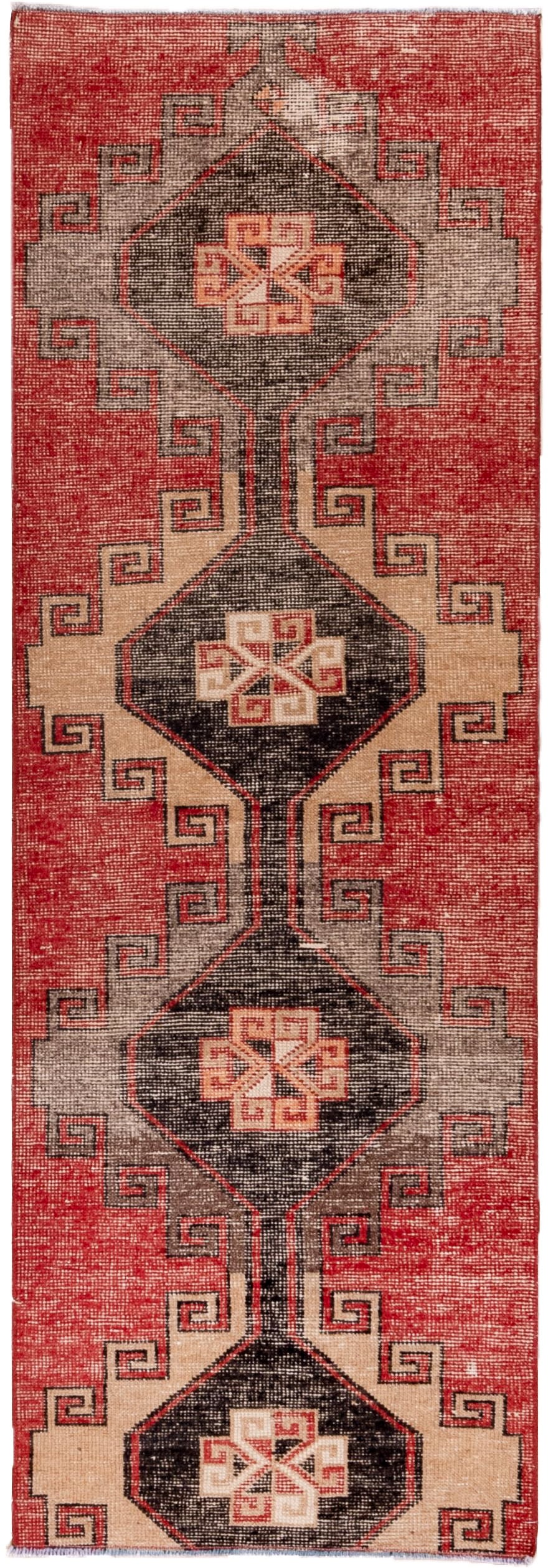 2' x 7' one-of-a-kind handmade vintage Oushak runner rug. Color palette: red, charcoal, ivory, rose, taupe, gray, black