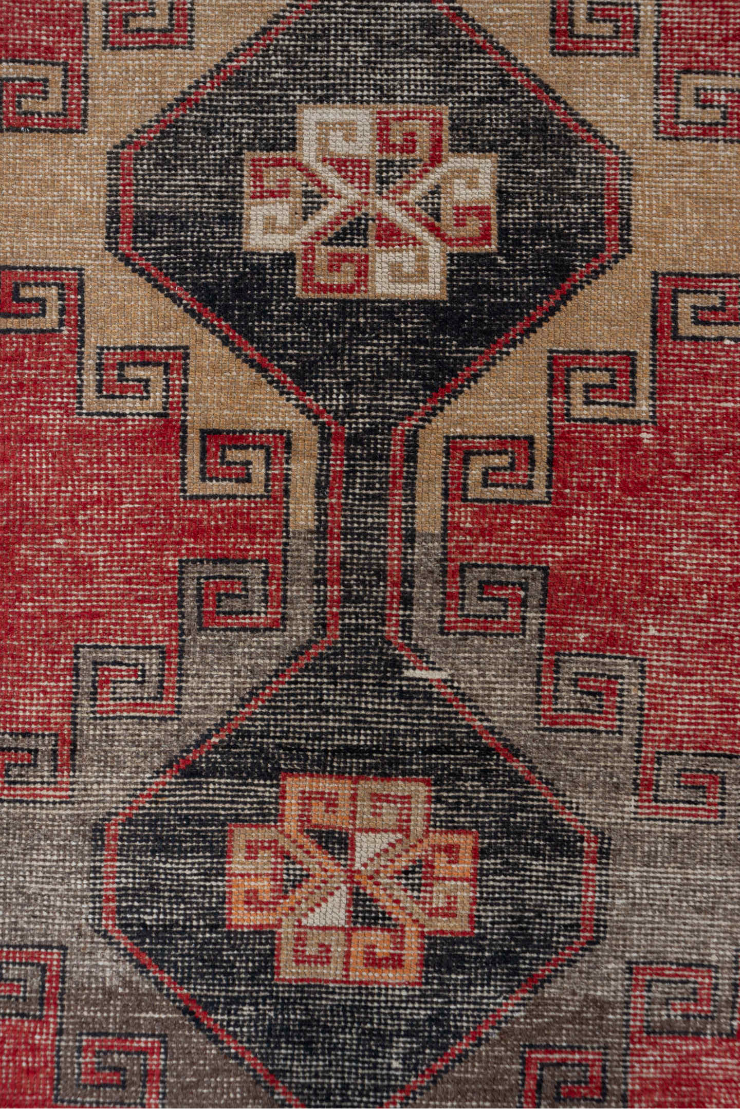 2' x 7' one-of-a-kind handmade vintage Oushak runner rug. Color palette: red, charcoal, ivory, rose, taupe, gray, black