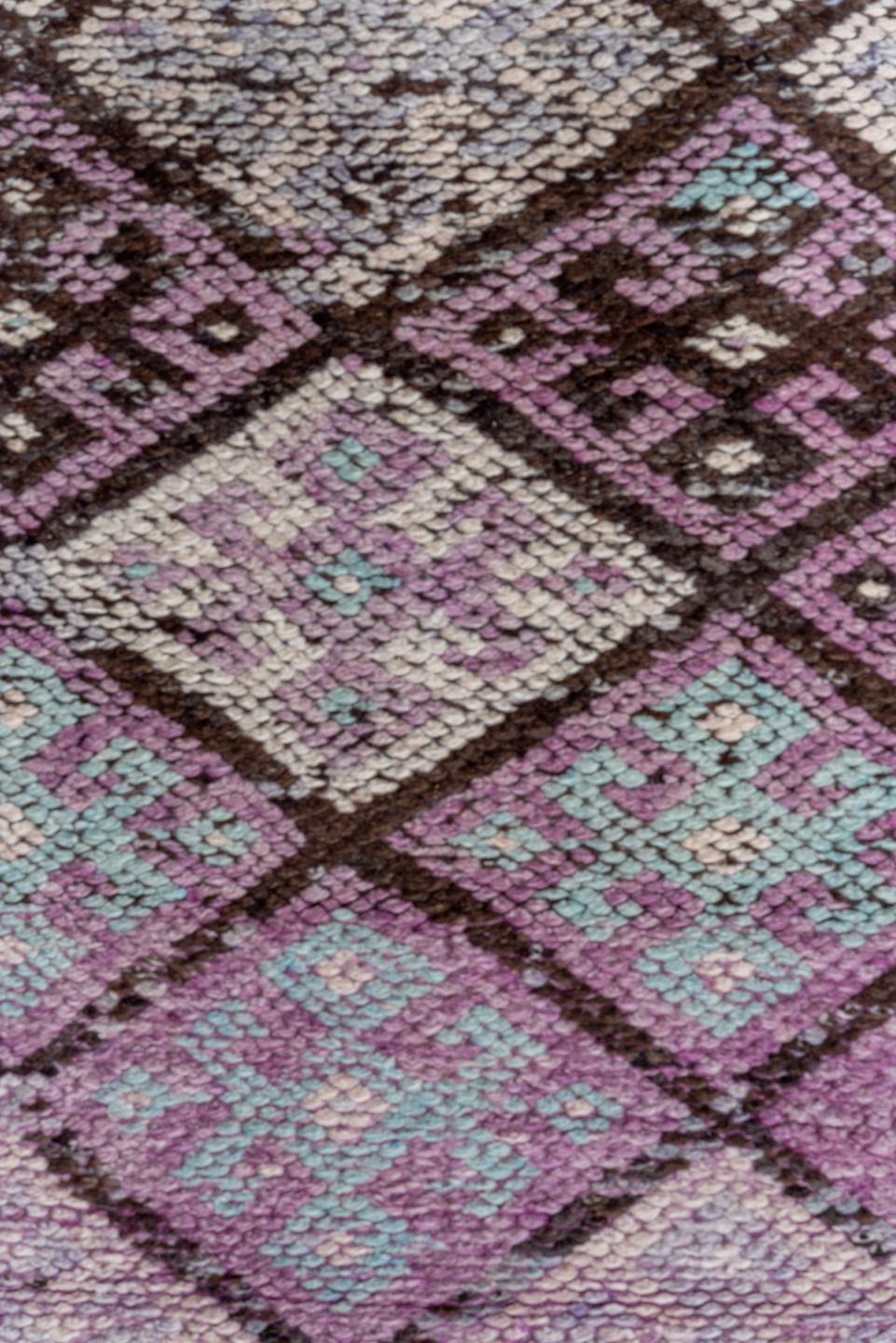 2' x 11' one-of-a-kind handmade vintage Oushak runner rug. Color palette: lavender, plum, ivory, aqua, rose, charcoal