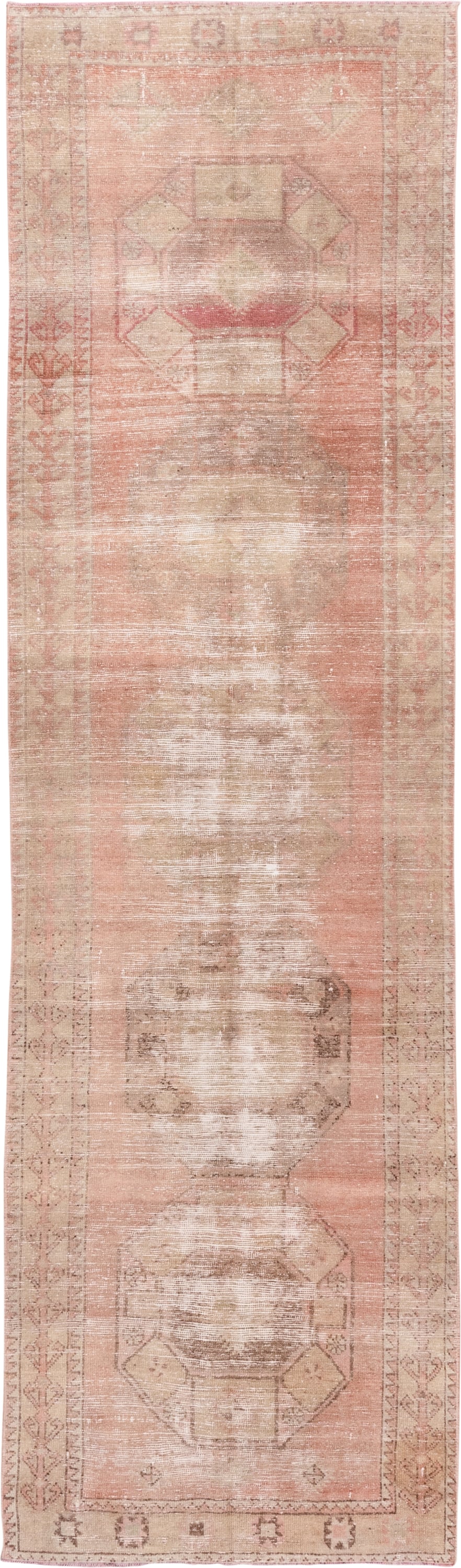 3' x 11' one-of-a-kind handmade vintage Oushak runner rug. Color palette: blush, ivory, taupe, rose, beige, camel, sienna