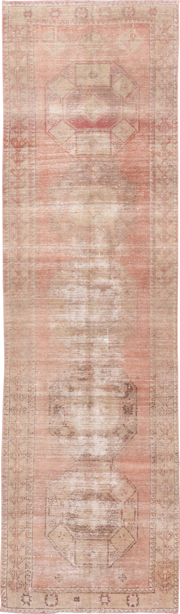 3' x 11' one-of-a-kind handmade vintage Oushak runner rug. Color palette: brown, gray, off-white, orange, pink, snow, white