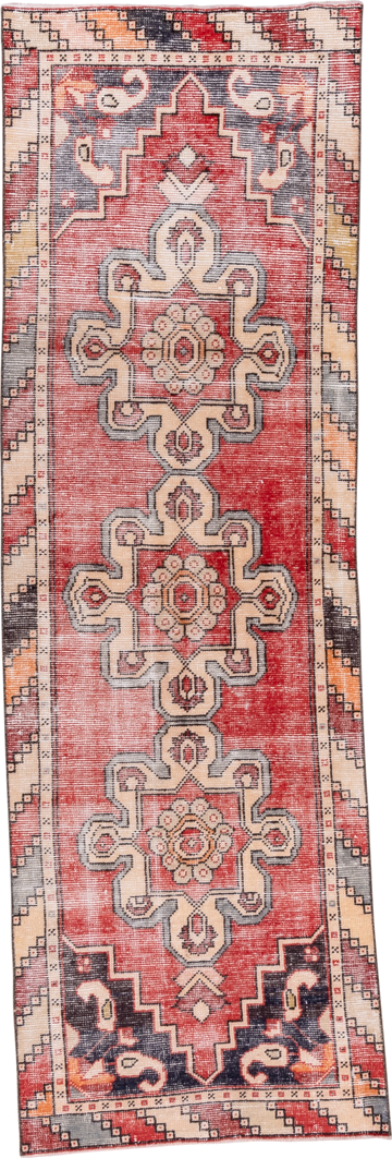 2' x 8' one-of-a-kind handmade vintage Oushak runner rug. Color palette: coral, ivory, slate, charcoal, peach, rose, taupe