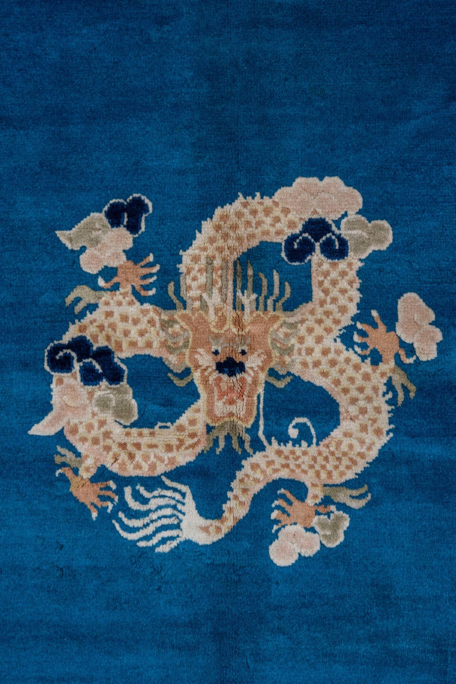 6' x 6' one-of-a-kind handmade vintage Chinese rug. Color palette: blue, ivory, peach, navy, taupe, camel, terracotta, pink