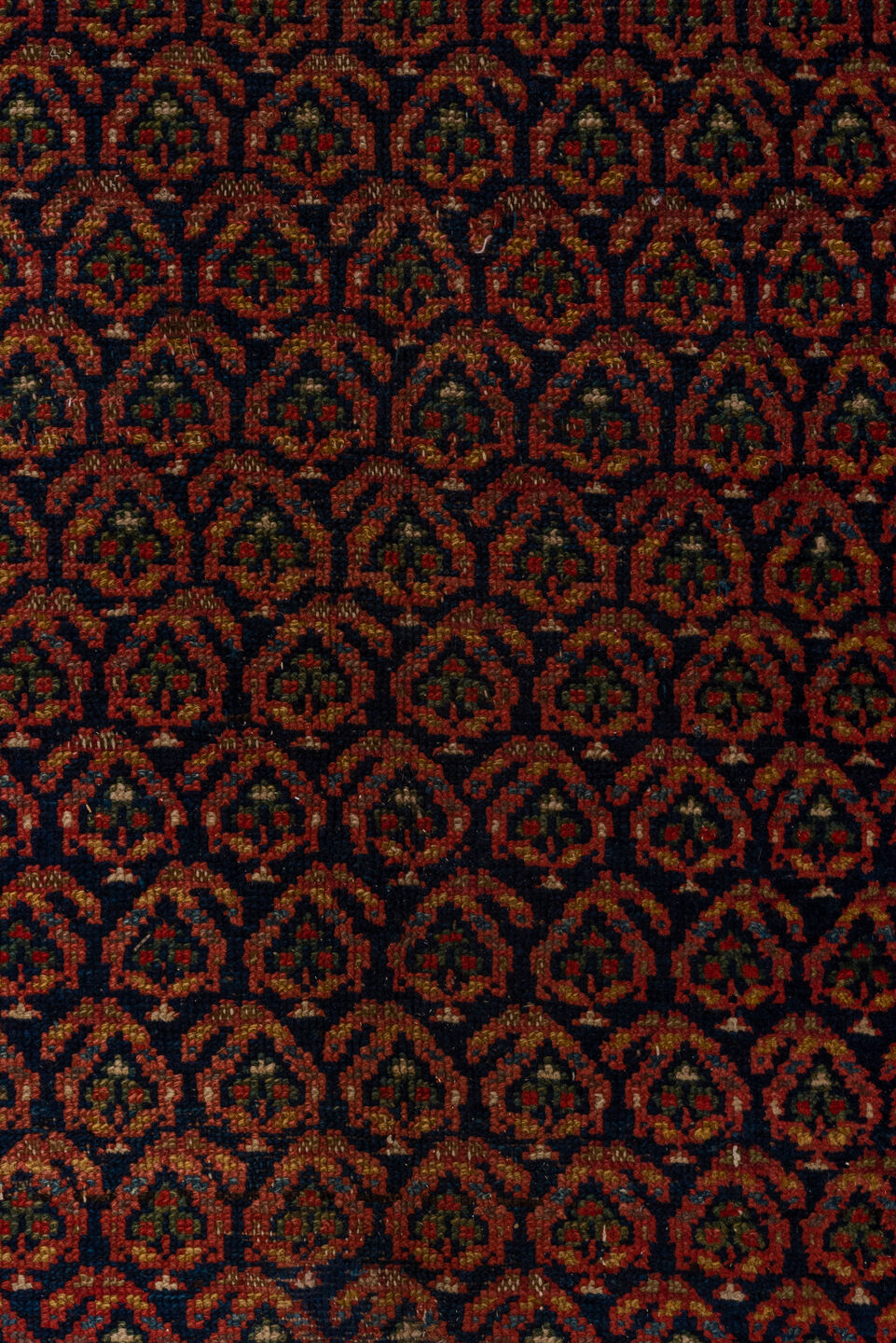 5' x 11' one-of-a-kind handmade vintage Malayer rug. Color palette: rust, navy, ivory, burgundy, camel, charcoal, terracotta