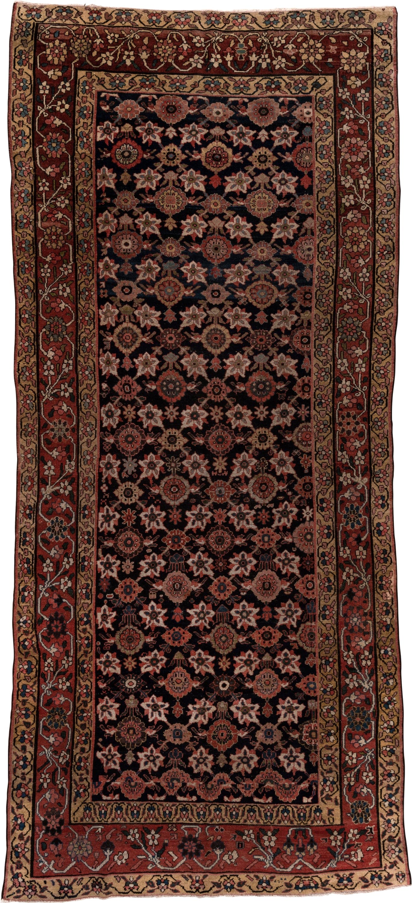 5' x 12' one-of-a-kind handmade vintage Malayer rug. Color palette: navy, rust, camel, ivory, rose, slate, charcoal, blue