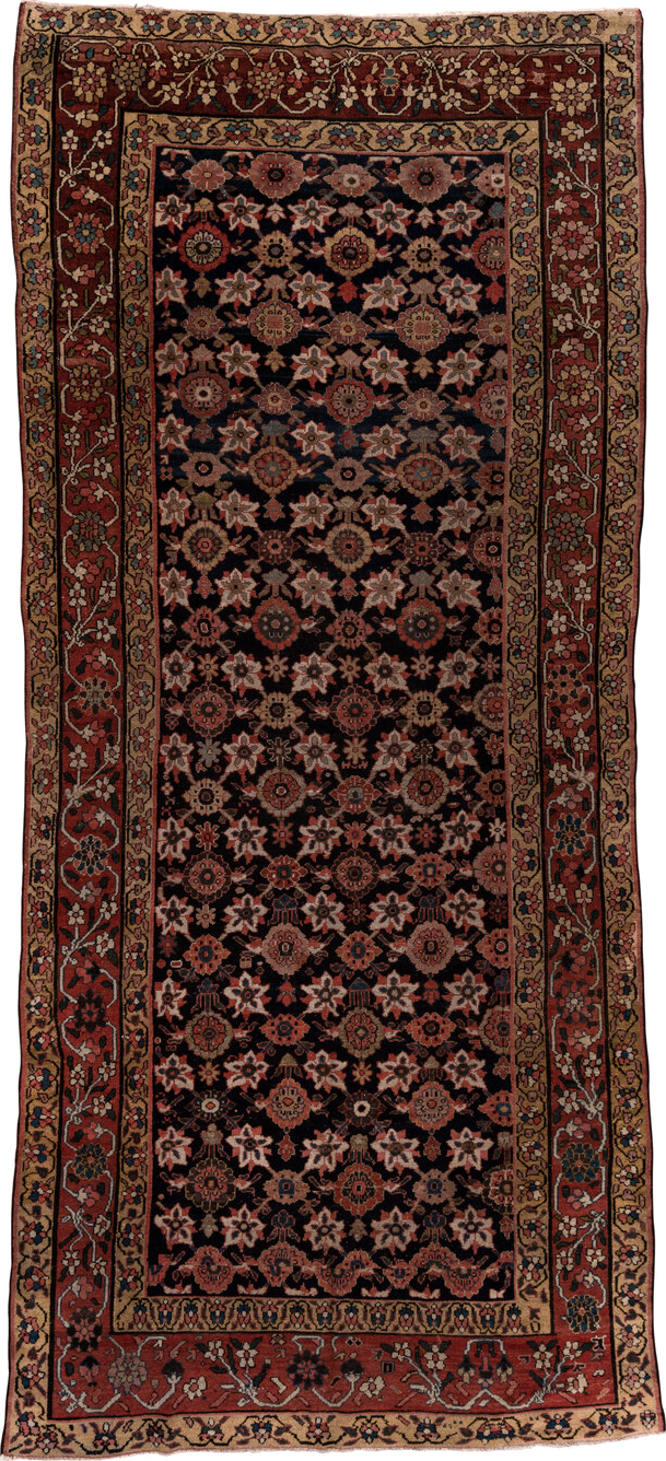 5' x 12' one-of-a-kind handmade vintage Malayer rug. Color palette: navy, rust, camel, ivory, rose, slate, charcoal, blue