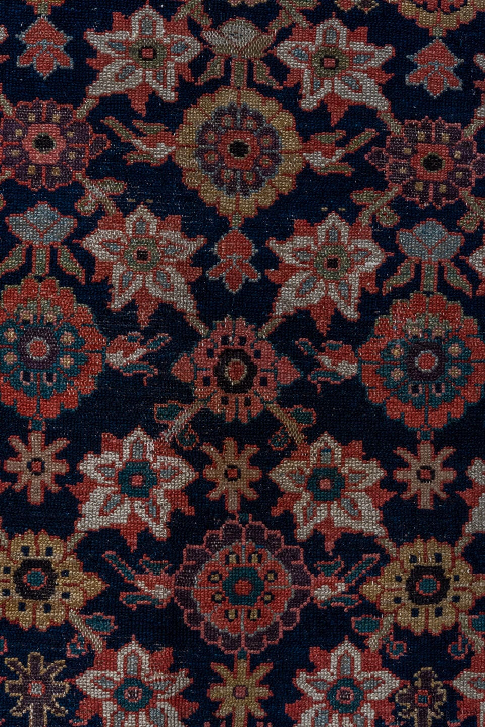 5' x 12' one-of-a-kind handmade vintage Malayer rug. Color palette: navy, rust, camel, ivory, rose, slate, charcoal, blue