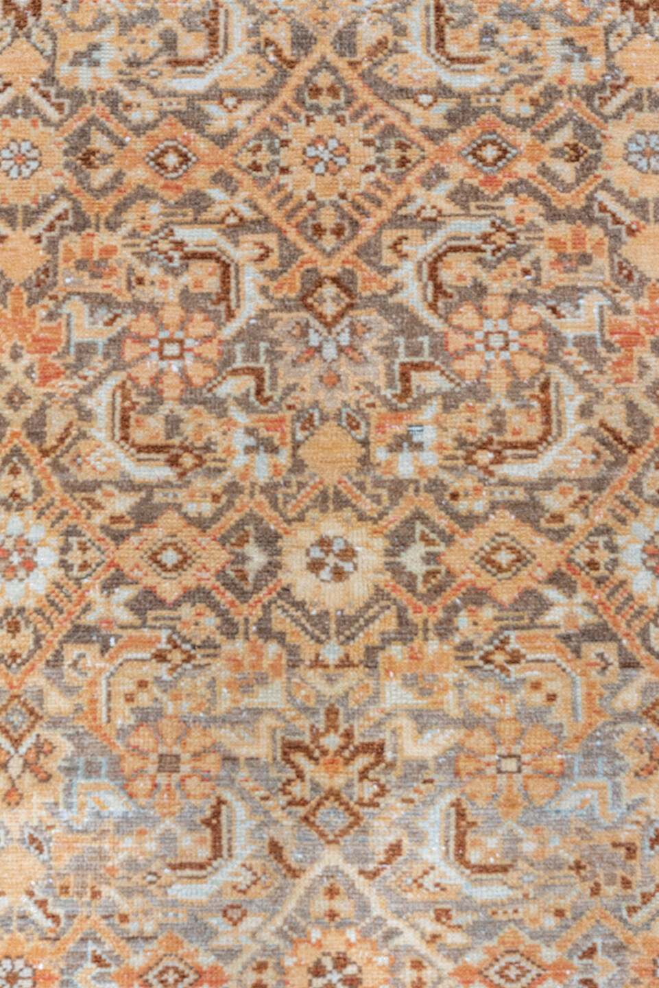 3' x 16' one-of-a-kind handmade vintage Malayer runner rug. Color palette: brown, gray, light gray, off-white, orange, pink