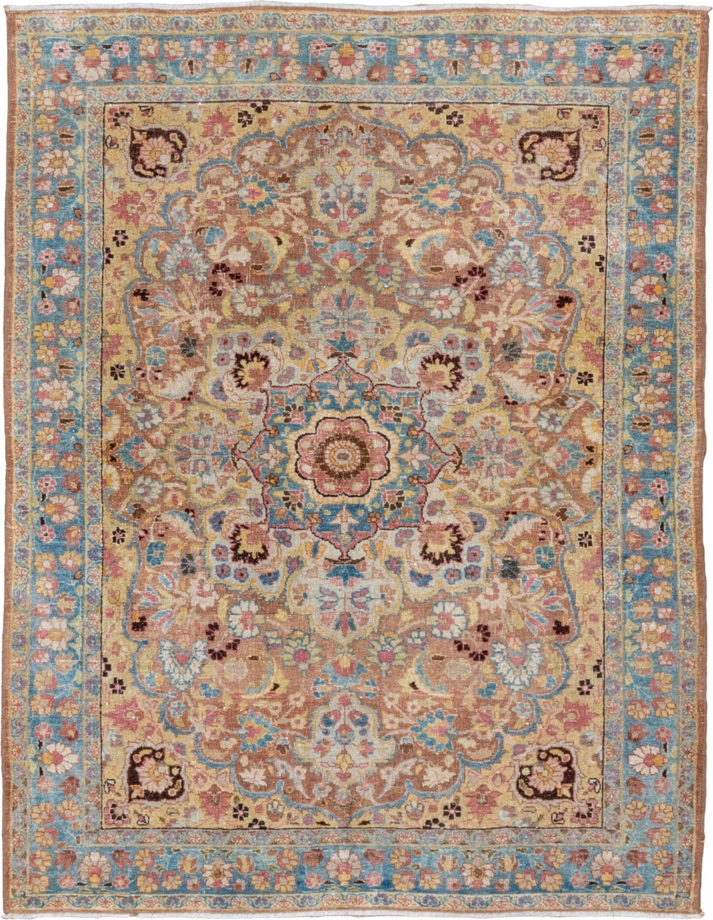 4' x 5' one-of-a-kind handmade vintage Tabriz small size rug. Color palette: ivory, sky blue, camel, rose, taupe, gold