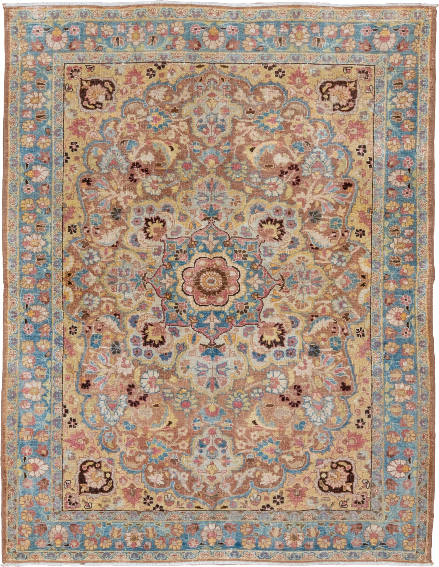 4' x 5' one-of-a-kind handmade vintage Tabriz small size rug. Color palette: ivory, sky blue, camel, rose, taupe, gold