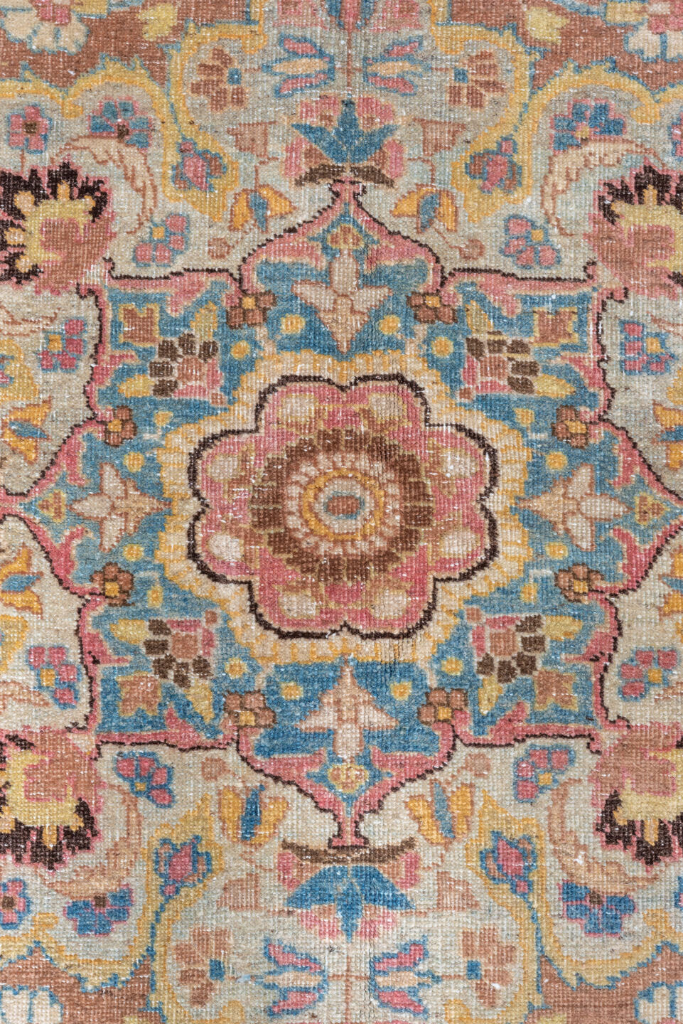 4' x 5' one-of-a-kind handmade vintage Tabriz small size rug. Color palette: ivory, sky blue, camel, rose, taupe, gold