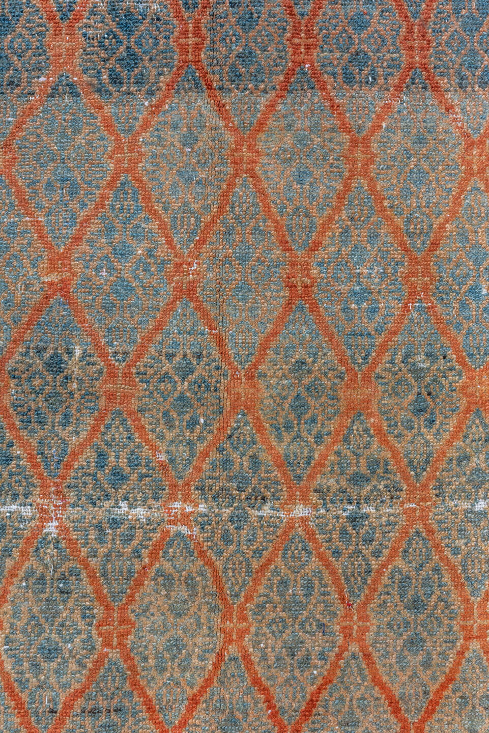 4' x 10' one-of-a-kind handmade vintage Malayer runner rug. Color palette: pale blue, rust, ivory, charcoal, taupe, camel