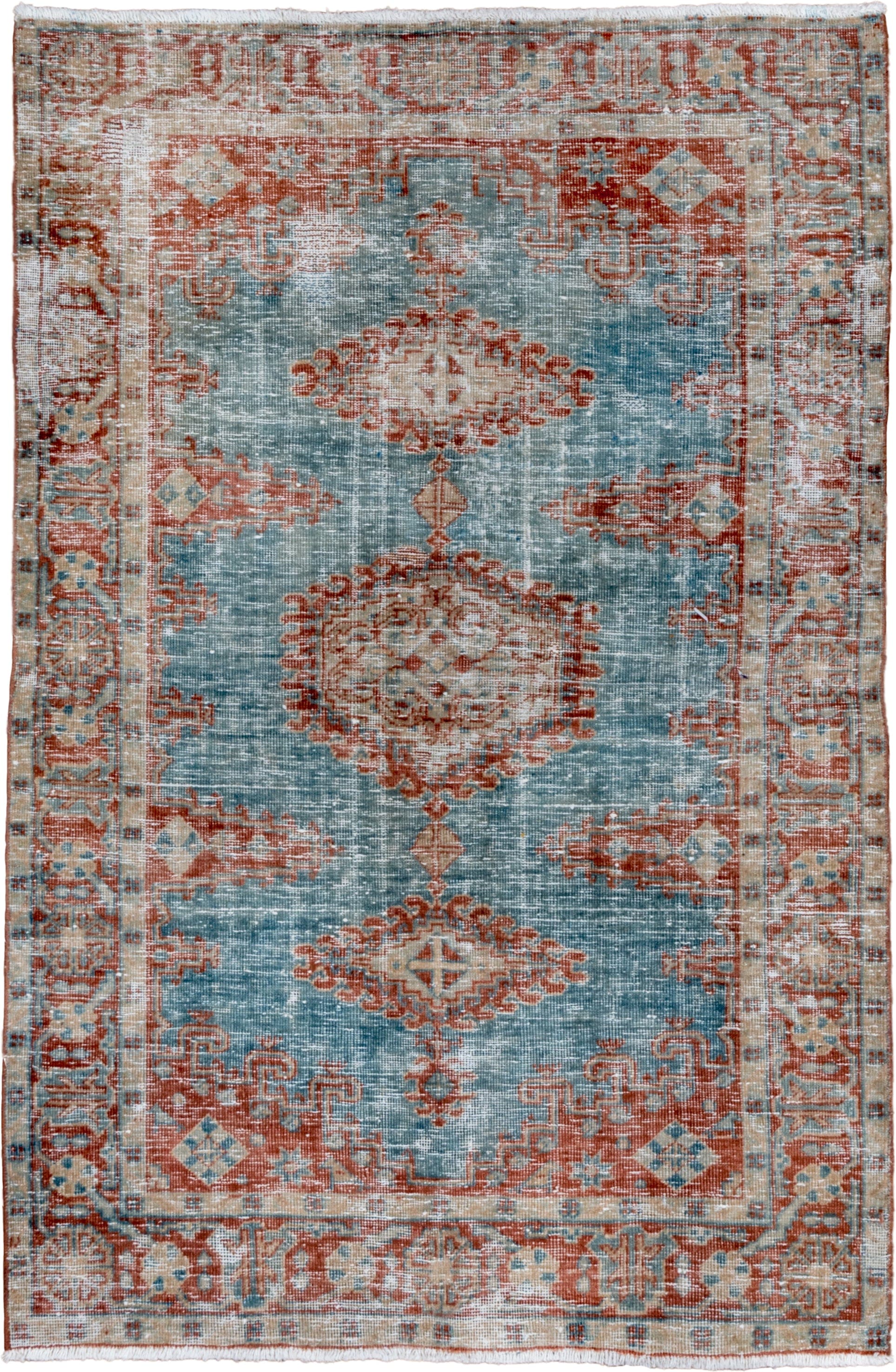 3' x 5' one-of-a-kind handmade vintage Veece small size rug. Color palette: light blue, rust, ivory, beige, pale gold