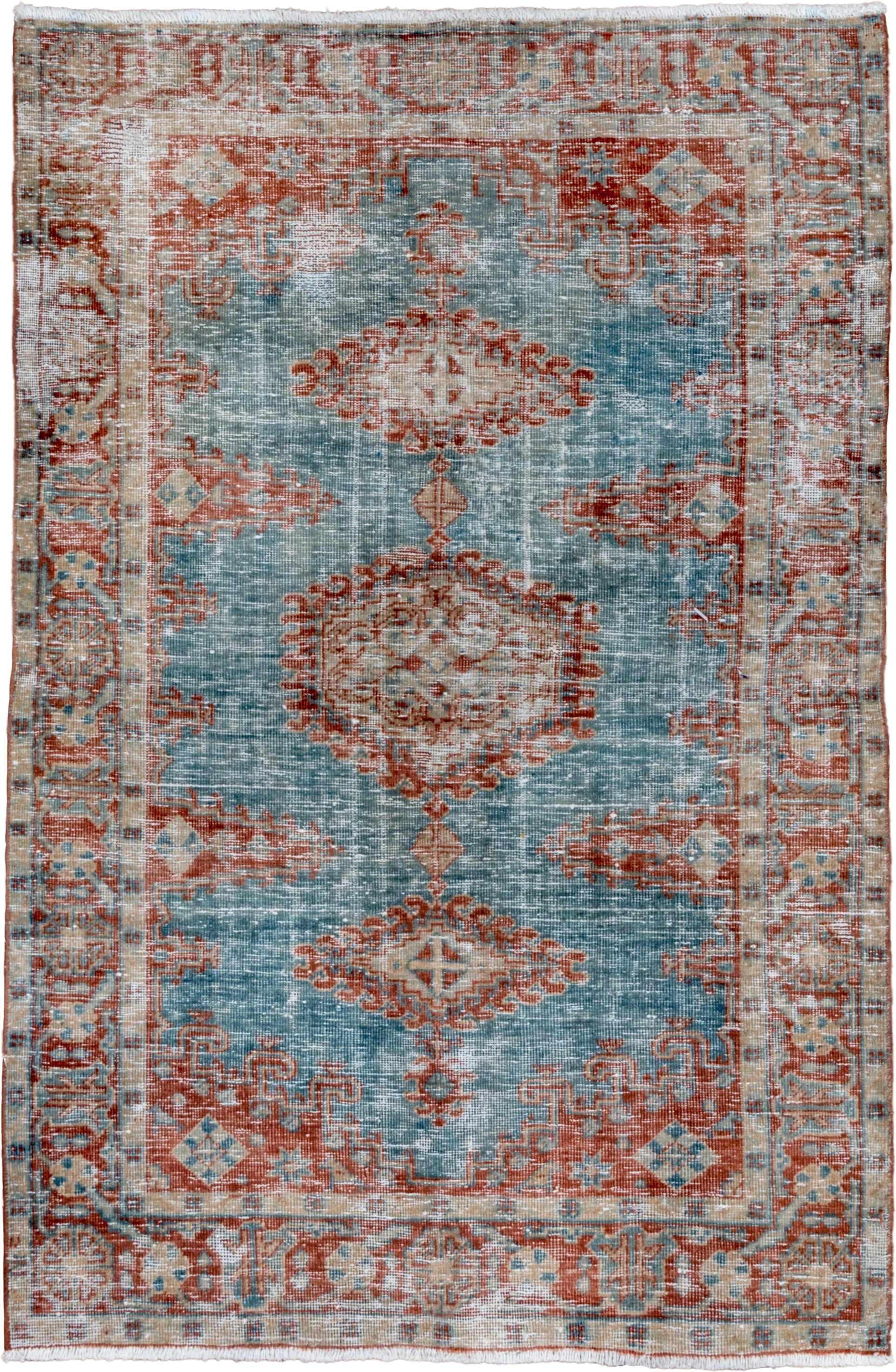 3' x 5' one-of-a-kind handmade vintage Veece small size rug. Color palette: light blue, rust, ivory, beige, pale gold