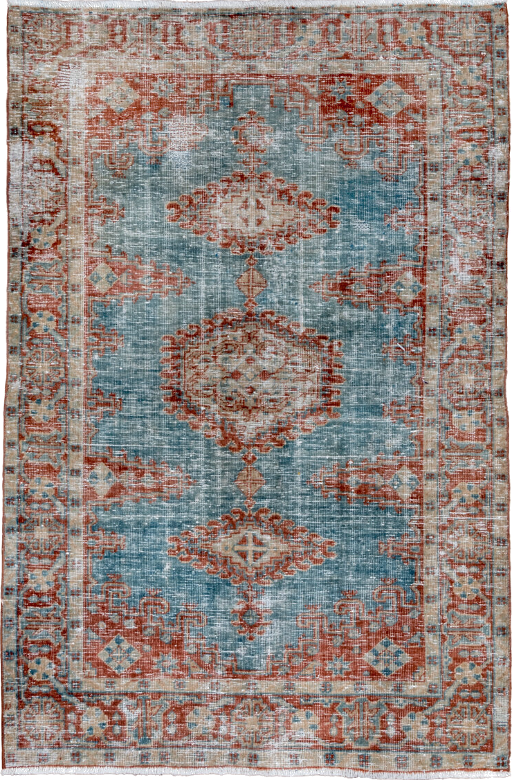 3' x 5' one-of-a-kind handmade vintage Veece small size rug. Color palette: blue, brown, gainsboro, gray, light gray