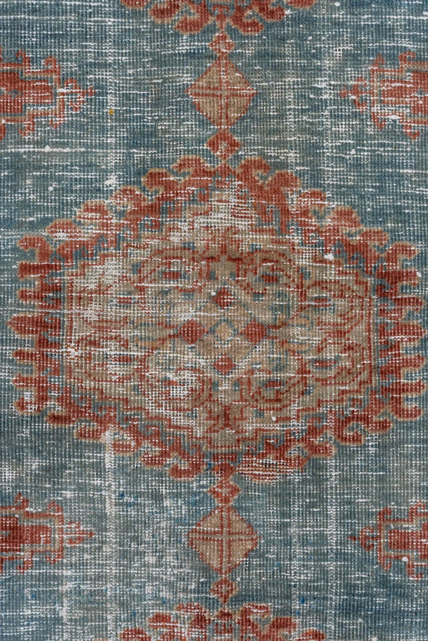 3' x 5' one-of-a-kind handmade vintage Veece small size rug. Color palette: light blue, rust, ivory, beige, pale gold