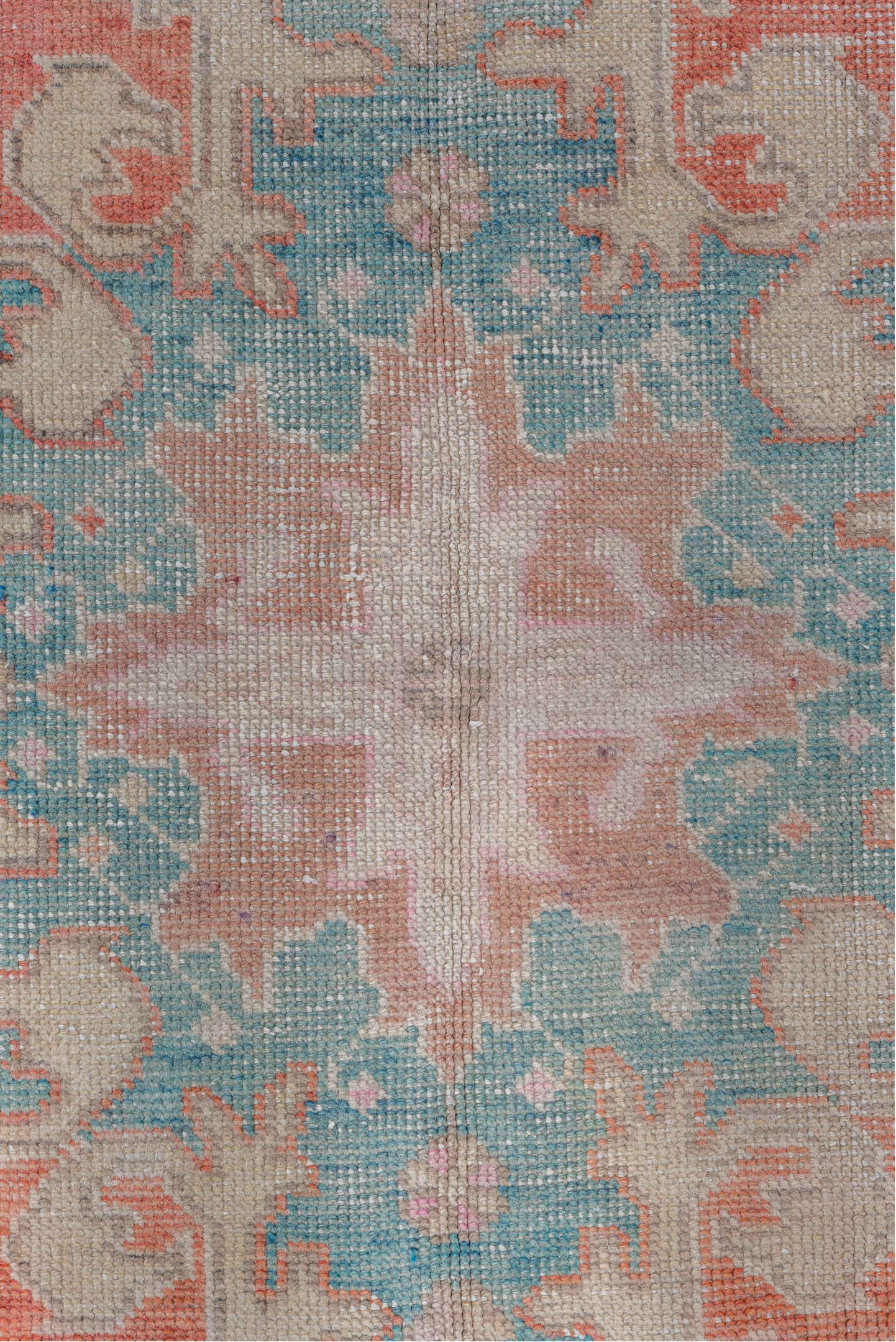 4' x 7' one-of-a-kind handmade vintage Oushak rug. Color palette: ivory, coral, aqua, beige, blush, taupe, terracotta, teal