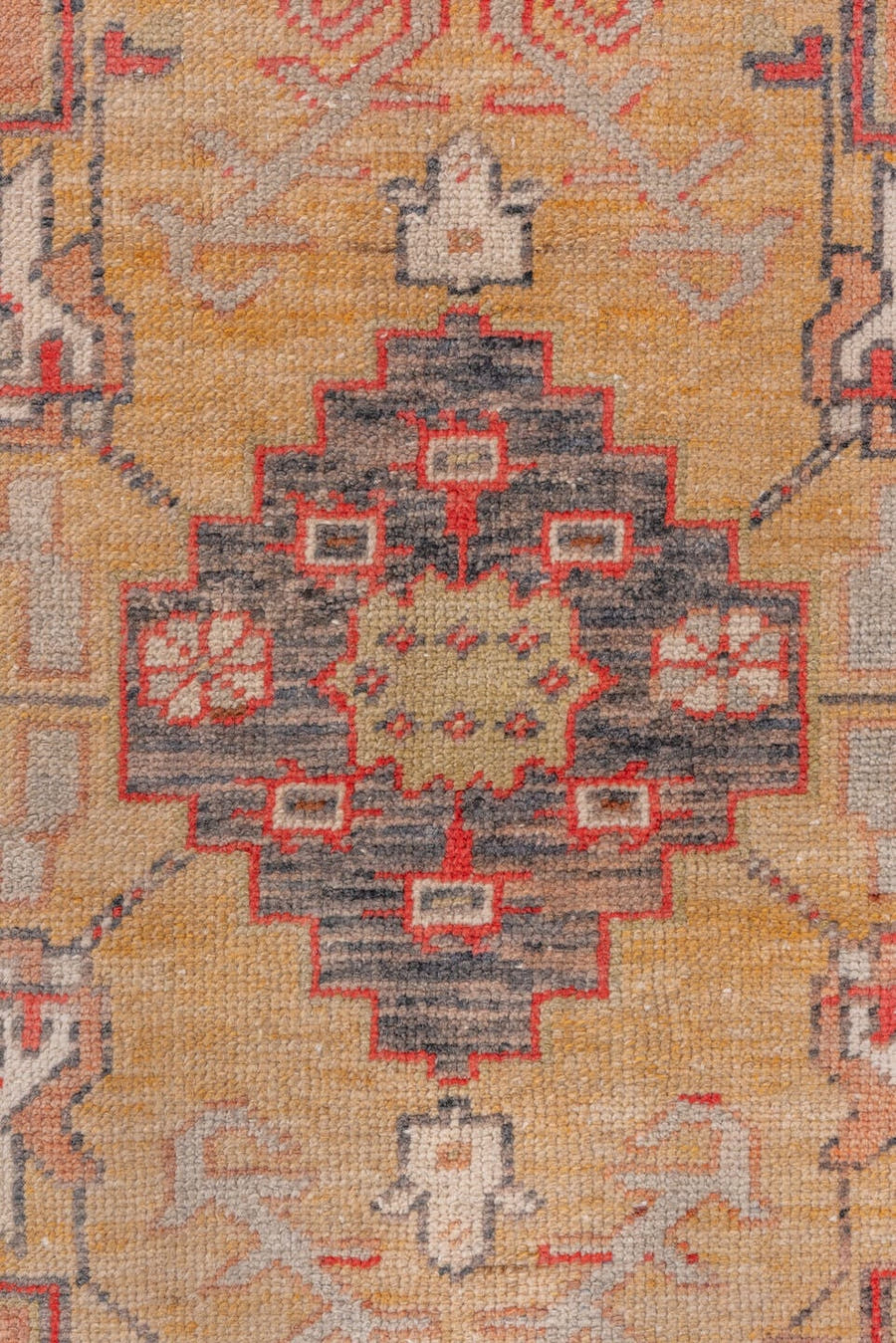 3' x 6' one-of-a-kind handmade vintage Oushak small size rug. Color palette: salmon, ivory, gold, charcoal, rust, taupe