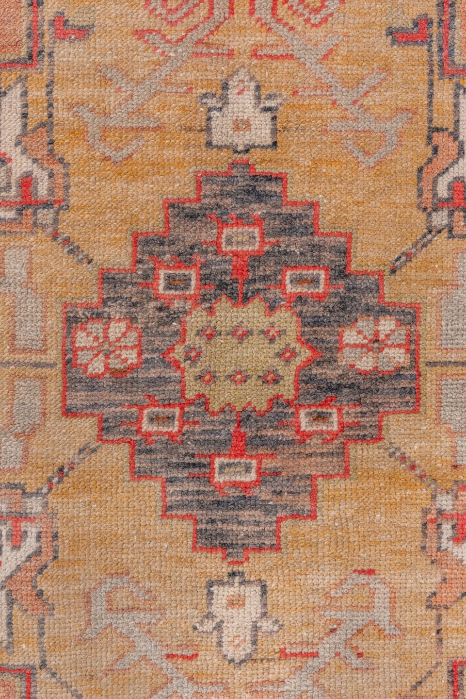 3' x 6' one-of-a-kind handmade vintage Oushak small size rug. Color palette: salmon, ivory, gold, charcoal, rust, taupe