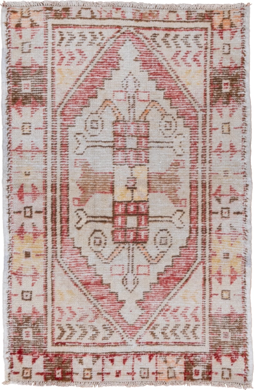 2' x 3' one-of-a-kind handmade vintage Oushak small size rug. Color palette: ivory, rose, rust, taupe, brown, gold, pink