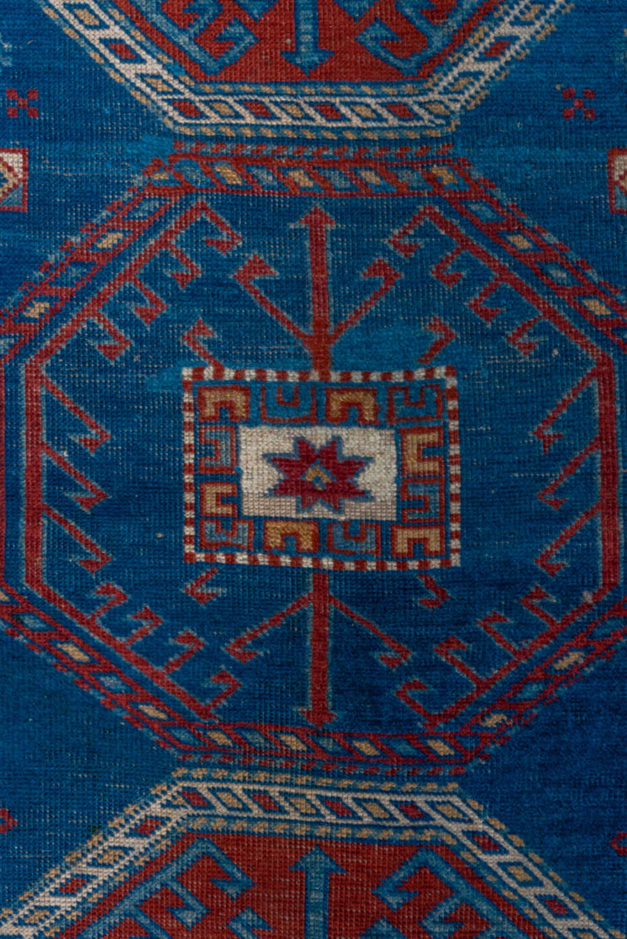3' x 4' one-of-a-kind handmade vintage Shirvan small size rug. Color palette: blue, ivory, rust, crimson, navy, camel, teal