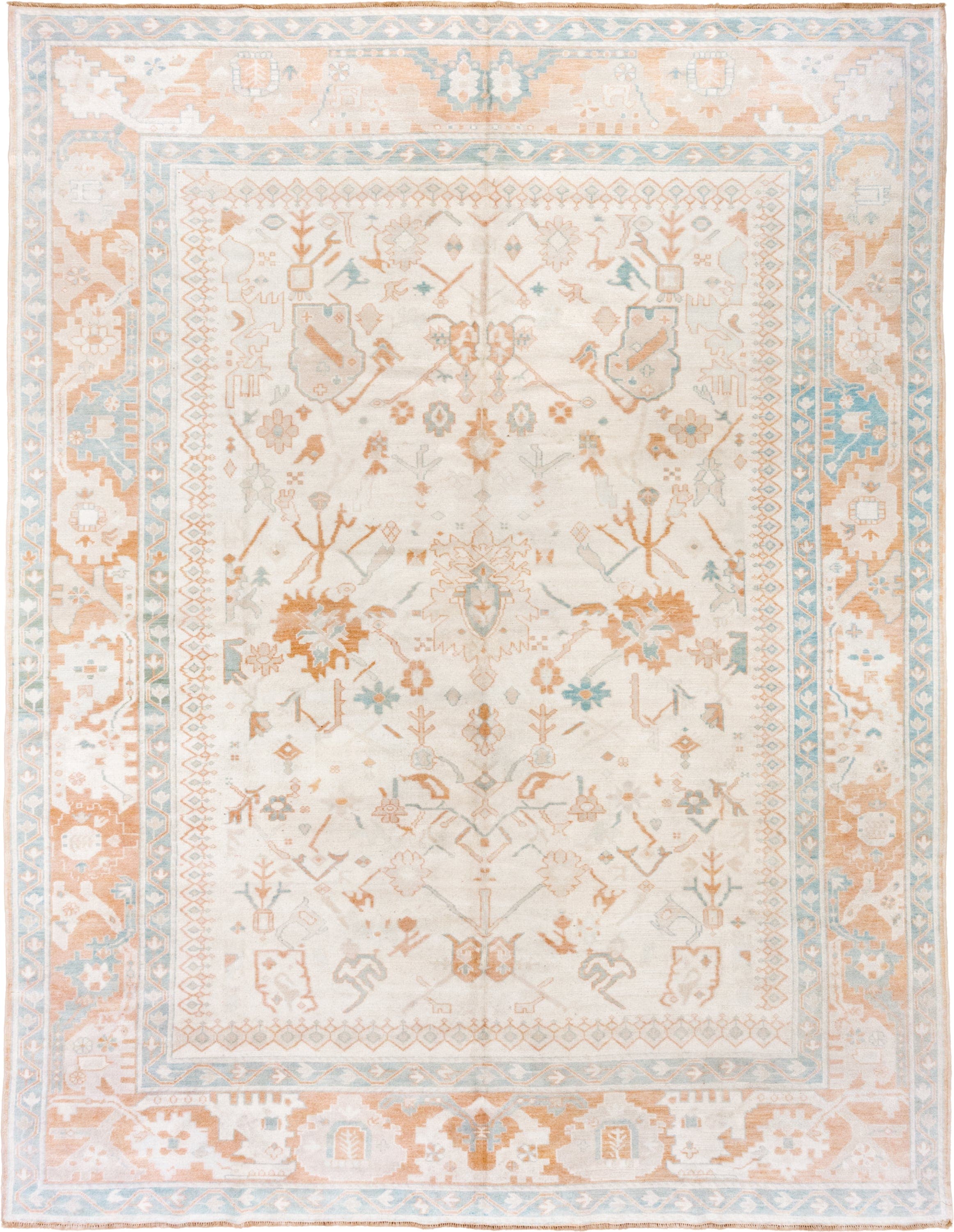10' x 13' one-of-a-kind handmade vintage Oushak large size rug. Color palette: ivory, peach, aqua, sand, light blue, taupe