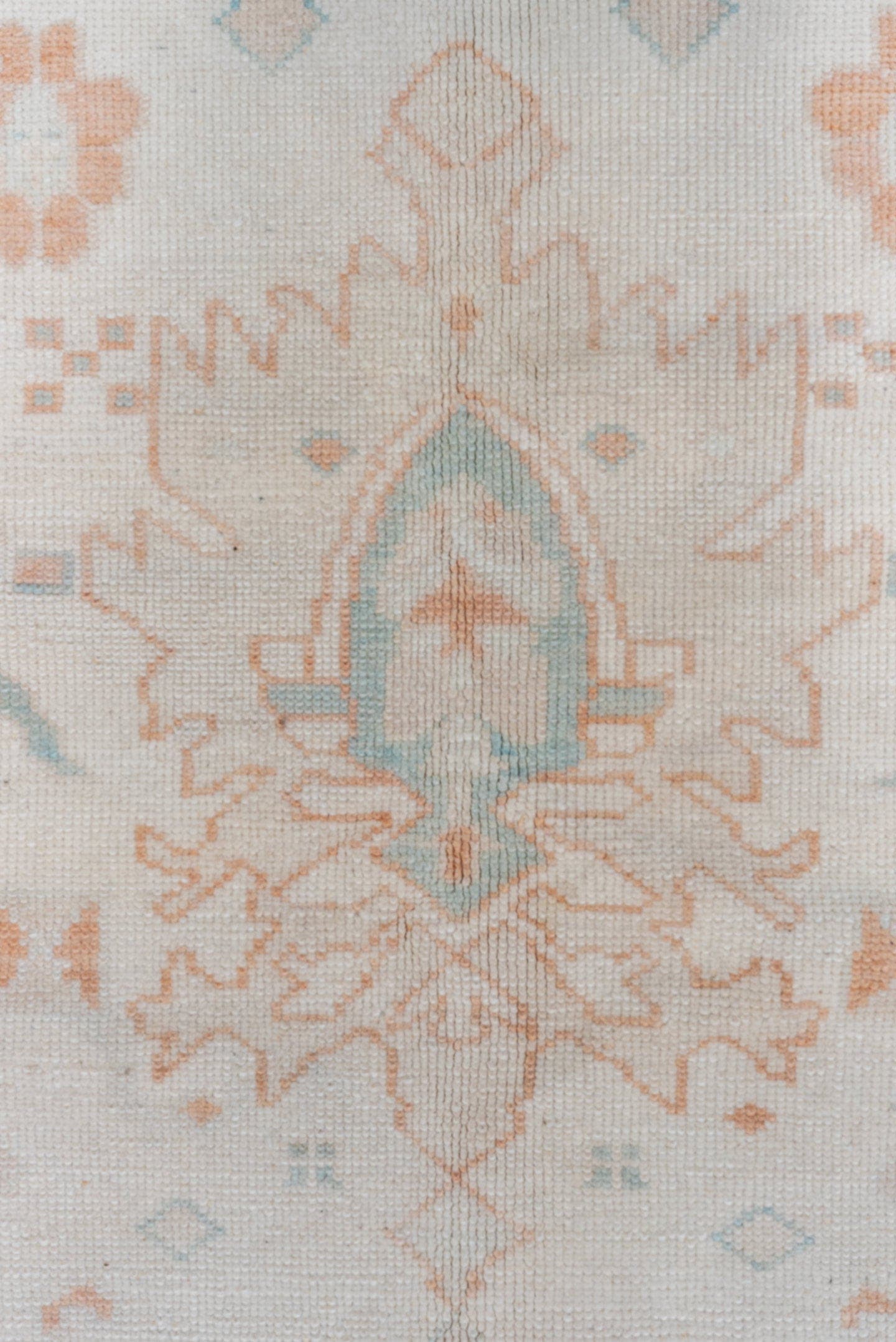 10' x 13' one-of-a-kind handmade vintage Oushak large size rug. Color palette: ivory, peach, aqua, sand, light blue, taupe