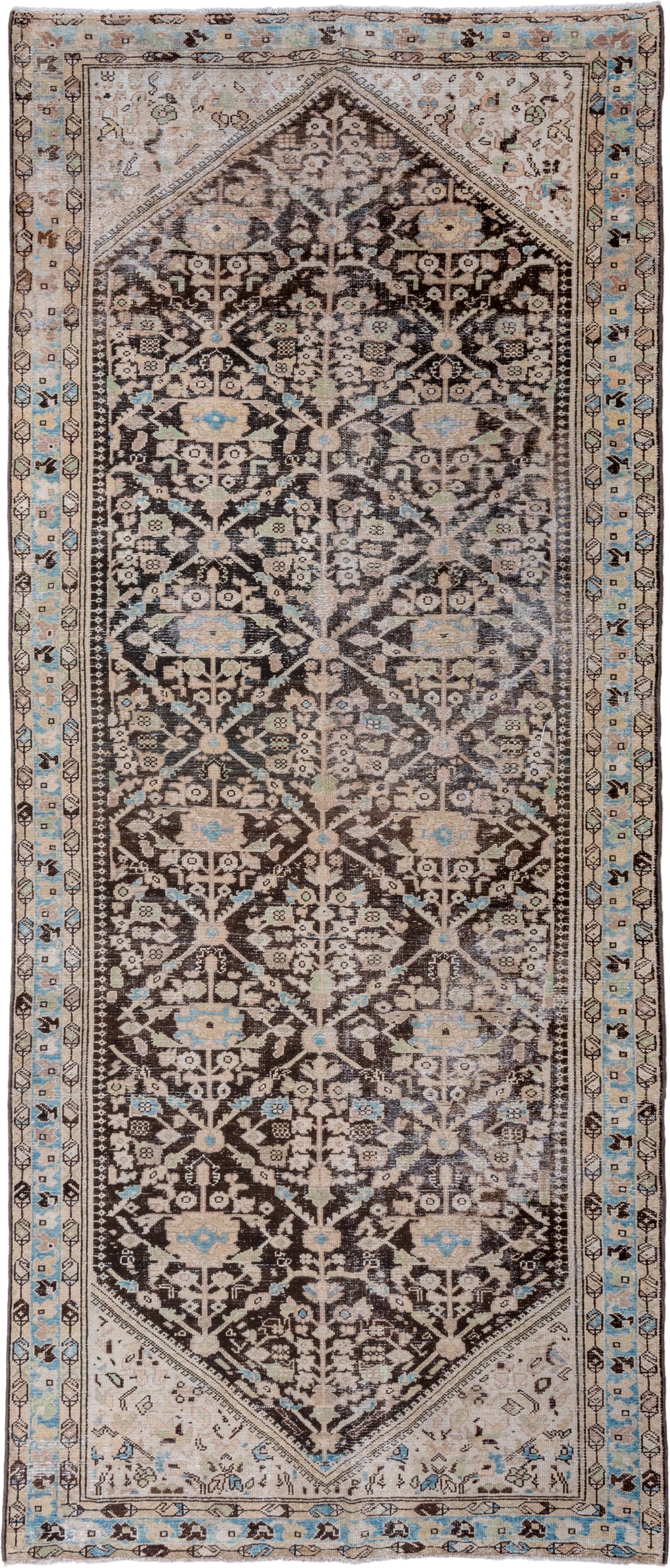 4' x 11' one-of-a-kind handmade vintage Malayer runner rug. Color palette: brown, ivory, sky_blue, taupe, charcoal, beige