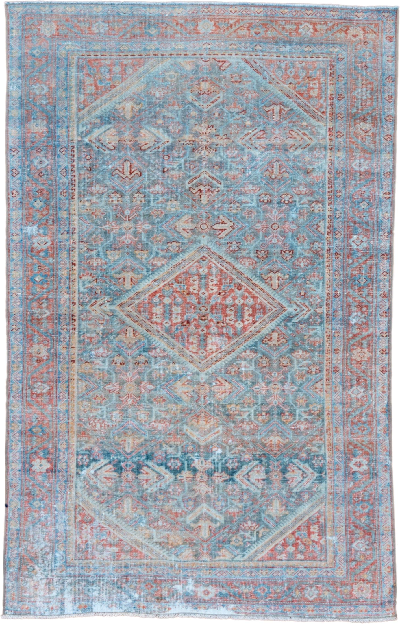 4' x 6' one-of-a-kind handmade vintage Mahal small size rug. Color palette: sky blue, coral, ivory, terra cotta, slate